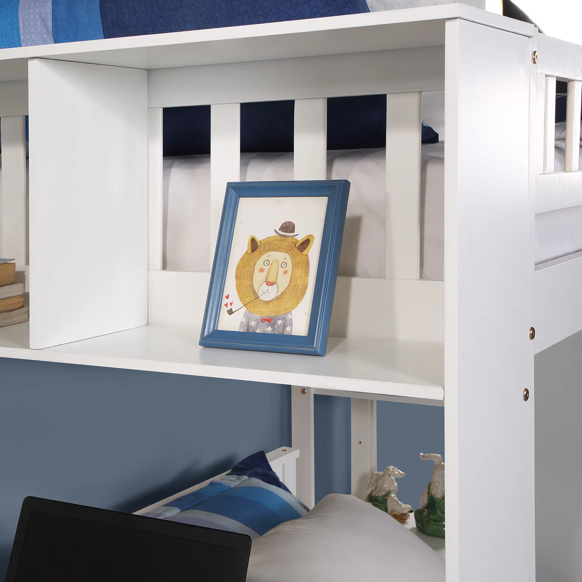 LANTRO JS Twin Size Loft Bed with Closet and Desk, Extra Bottom Twin Bed, White