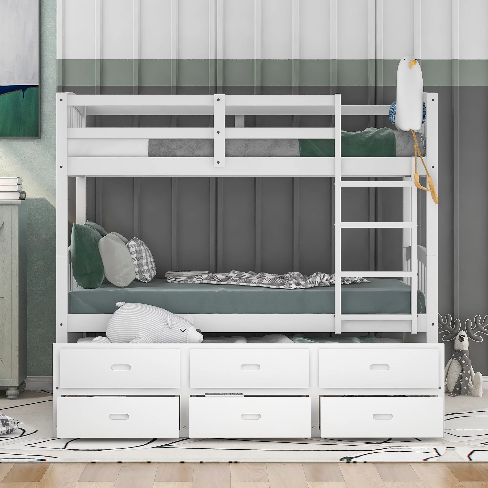 Solid Wood Bunk Bed Frame for Kids with Trundle, Hardwood Twin Over Twin Bunk Bed Frame with Slats Ladder 3 Drawers Bedroom Furniture