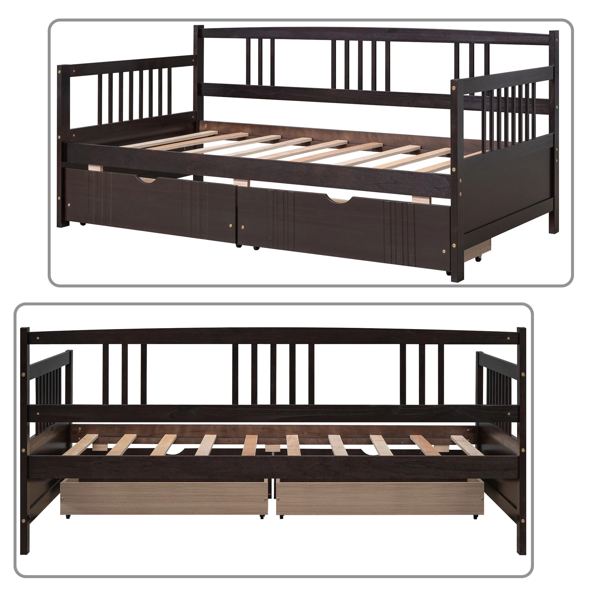 Minimalist and Classic Twin Size Daybed with Two Drawers, Espresso