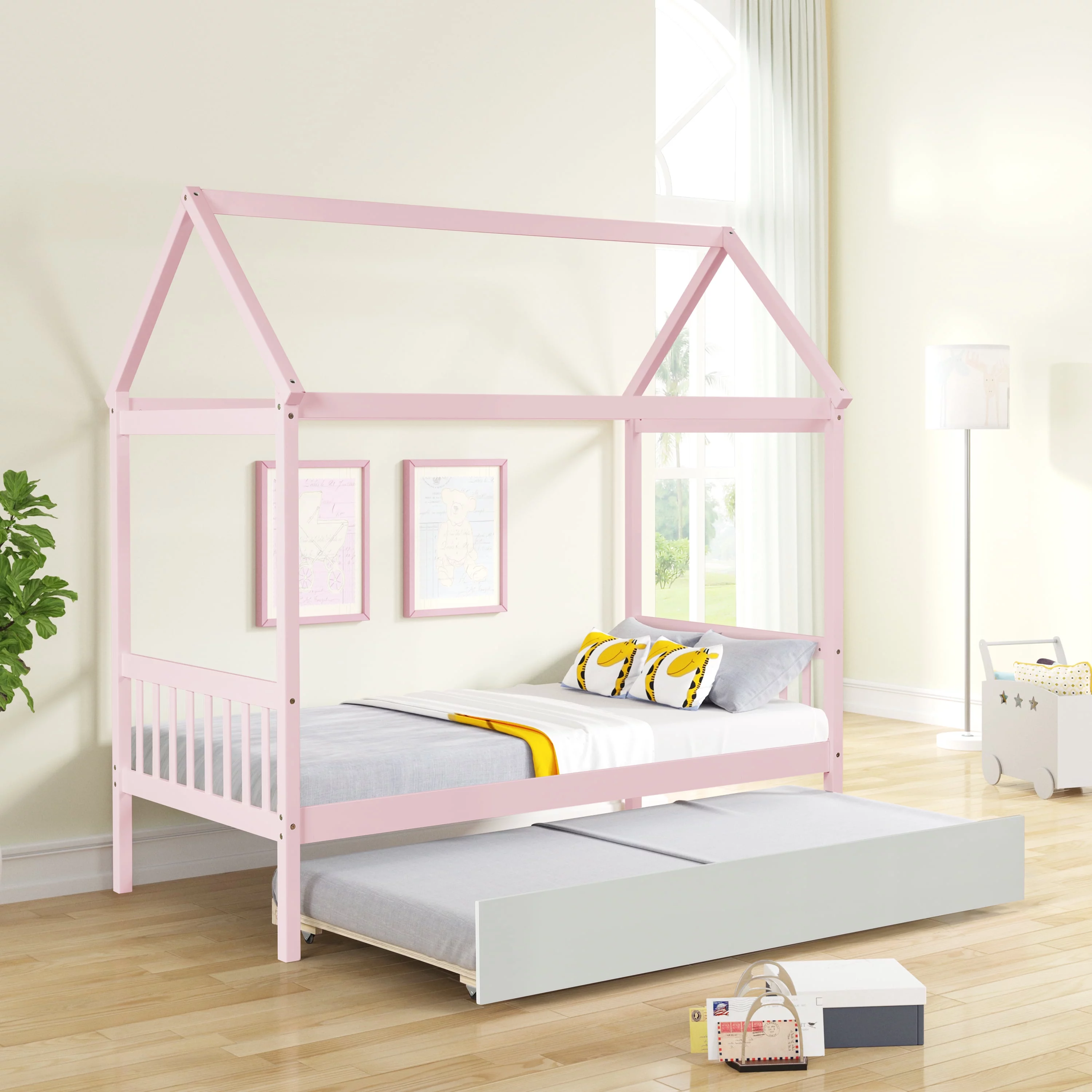 ikayaa WARM PINK TWIN HOUSE BED WITH WHITE TWIN TRUNDLE