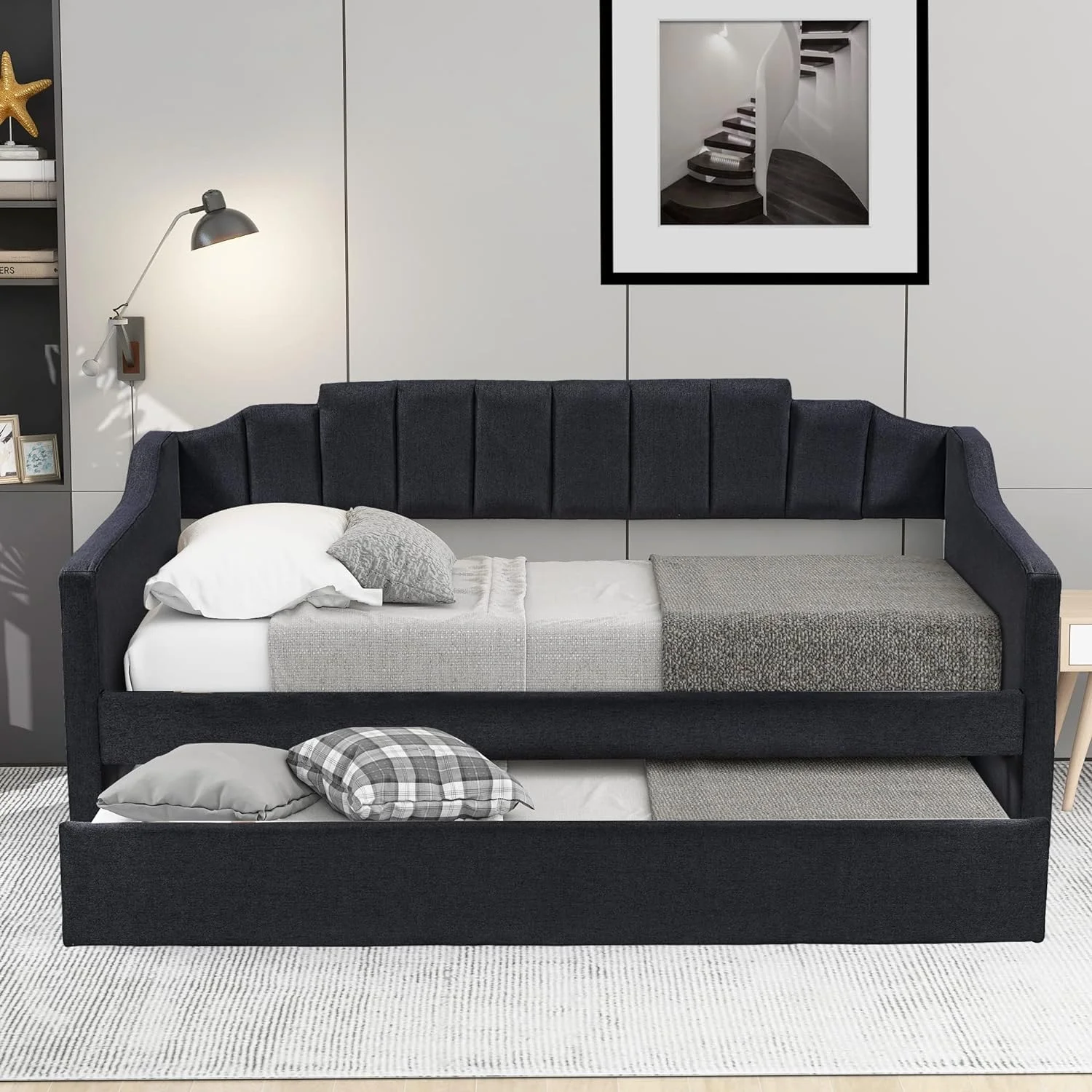 Size Upholstered Daybed With Trudle, Moder Sofa Bed With Solid Wood Frame, Trudle Sofabed For Livig Room, Bedroom, Black