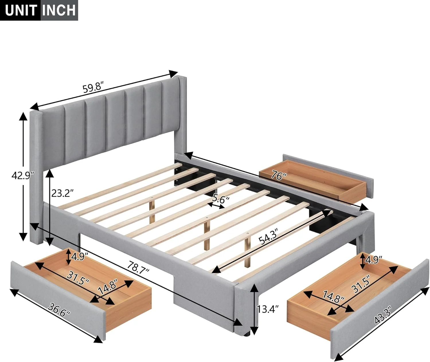 Full Size Upholstered Platform Bed with 1 Large Drawer in The Footboard and Drawer on Each Side，Queen Bed