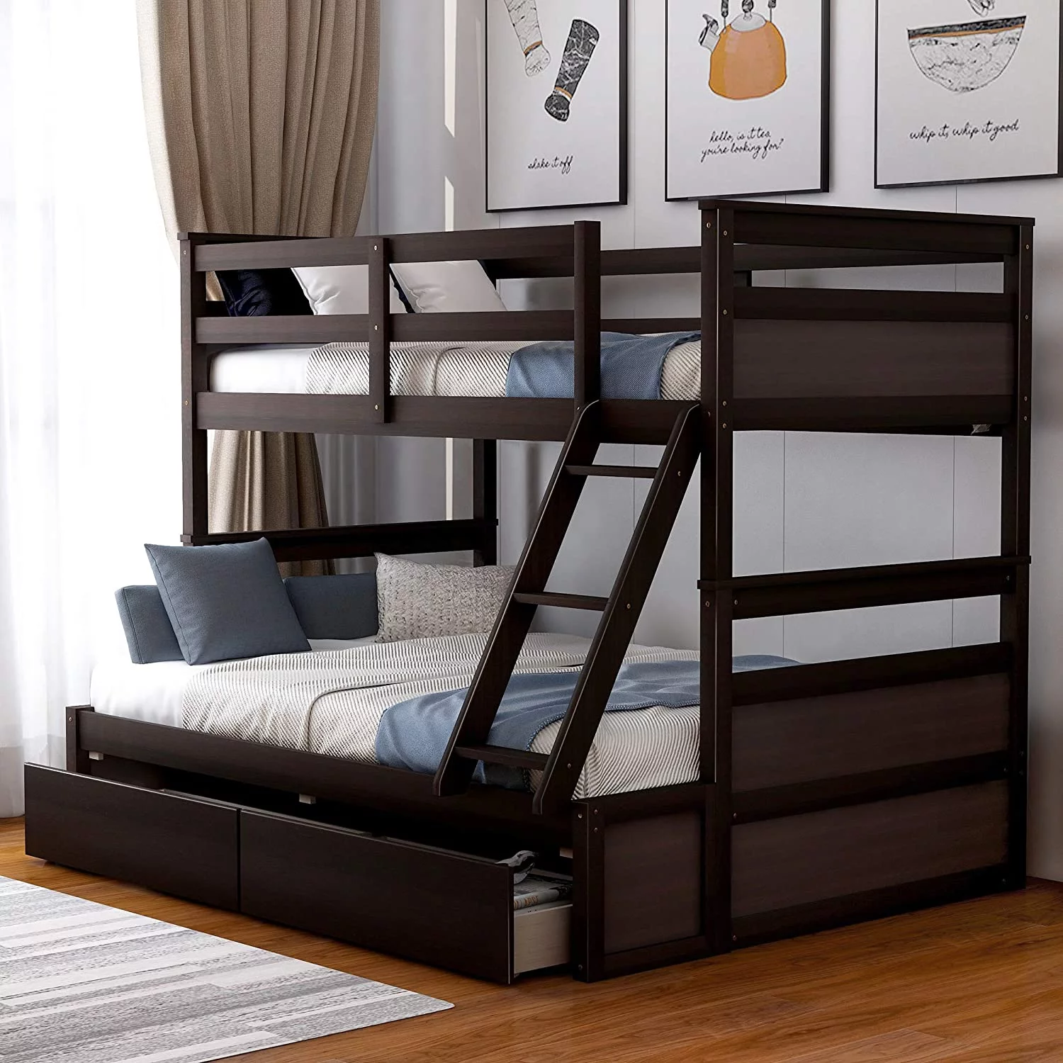 Over Full Bunk Bed With Storage, Wood Bunk Bed Frame With Two Drawer, Safety Guardrail, Ladder, Can Convertible To 2 Separated Beds For Kids, Teens, Adults ( Over Full, Espresso)