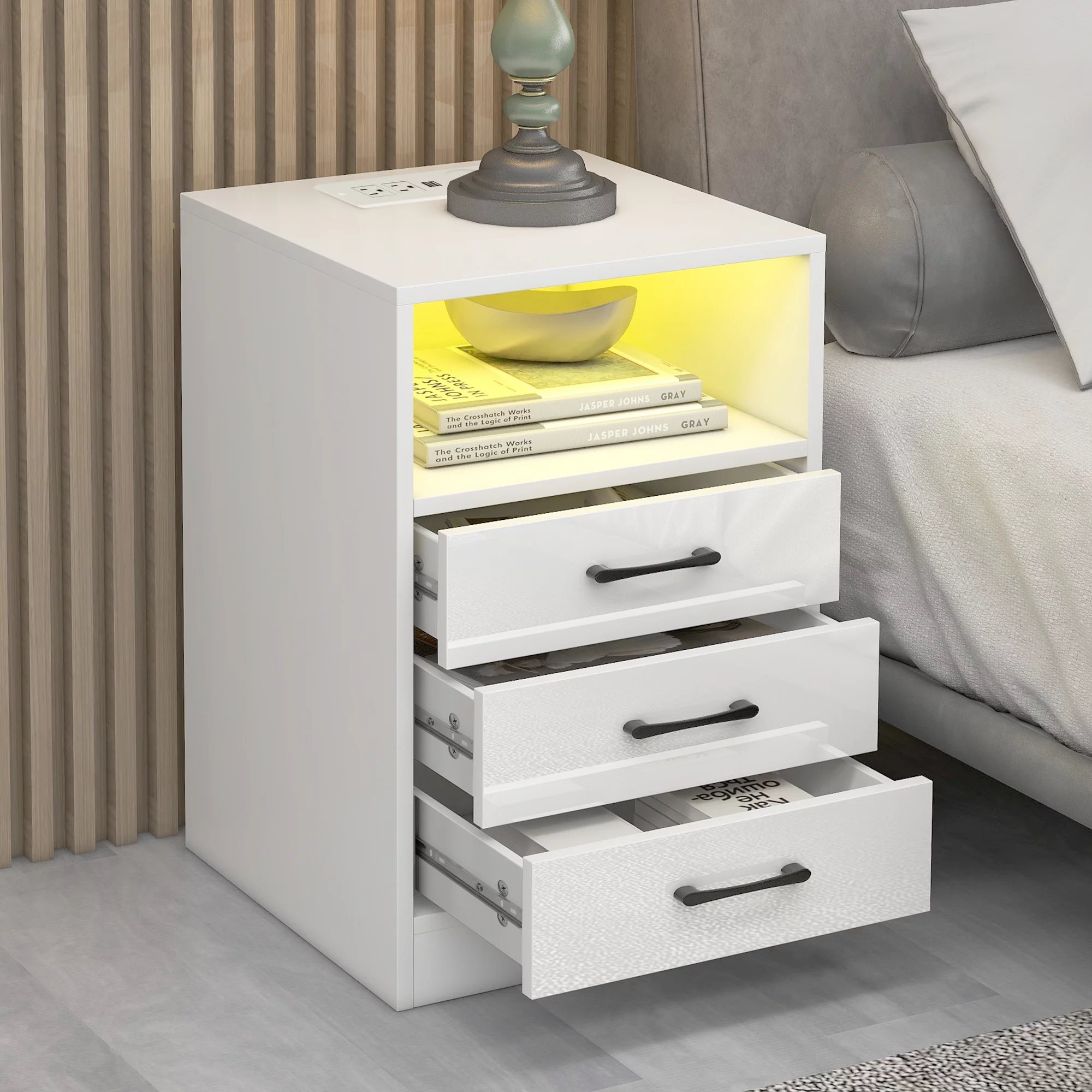paproos LED Nightstand with USB Charging Ports, Modern White Nightstand with Wireless Charging and Remote Control LED, Tall Bedside Table, Nightstand with 3 Drawers for Bedroom Living Room