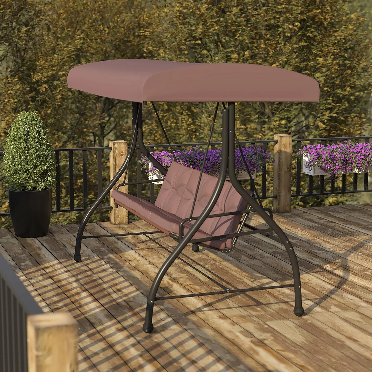 Tellis 3-Seat Outdoor Steel Converting Patio Swing Canopy Hammock With Cushions / Outdoor Swing Bed (Brown)