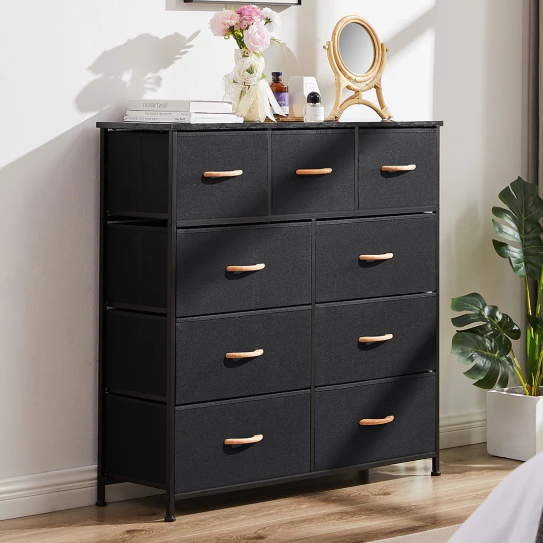 Bigroof Dresser for Bedroom, Chest of Drawers, Closet Storage with 9 Drawers, Cloth Dresser Clothes Organizers Tower with Fabric Bins, Metal Frame, Wood Tabletop for Nursery, Kids Room, Living Room