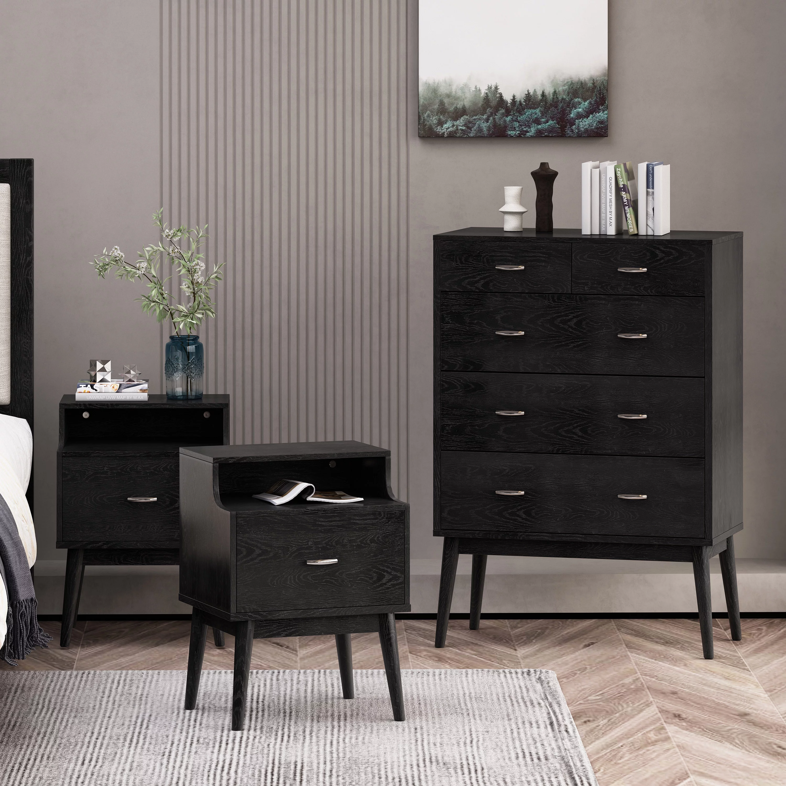 GDF Studio Wilbur Mid Century Wooden 3 Piece 5 Drawer Dresser and Nightstand Bedroom Set, Black