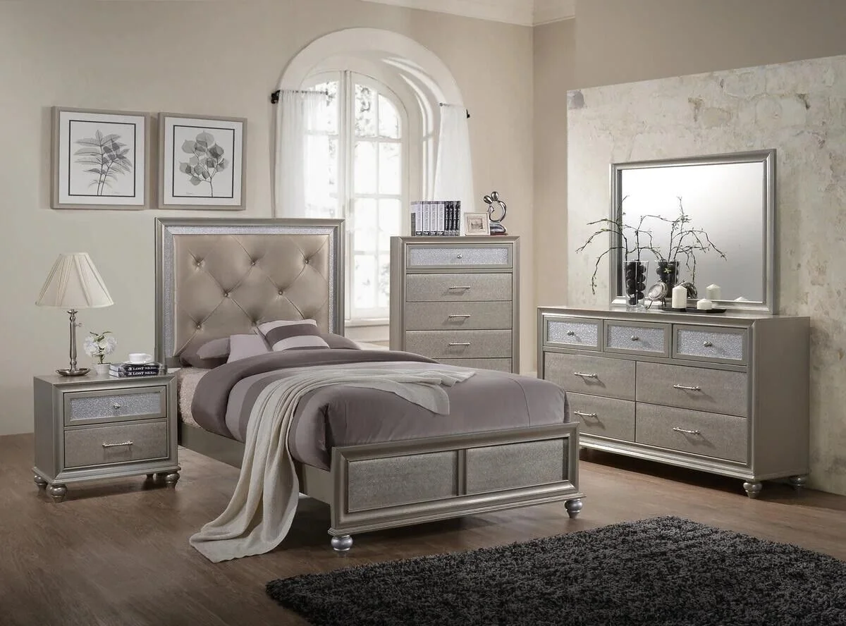 Modern Champagne Faux Finish Diamond Button Tufted HB 6pc Twin Youth Bedroom Set Bed Dresser Mirror Nightstand Chest