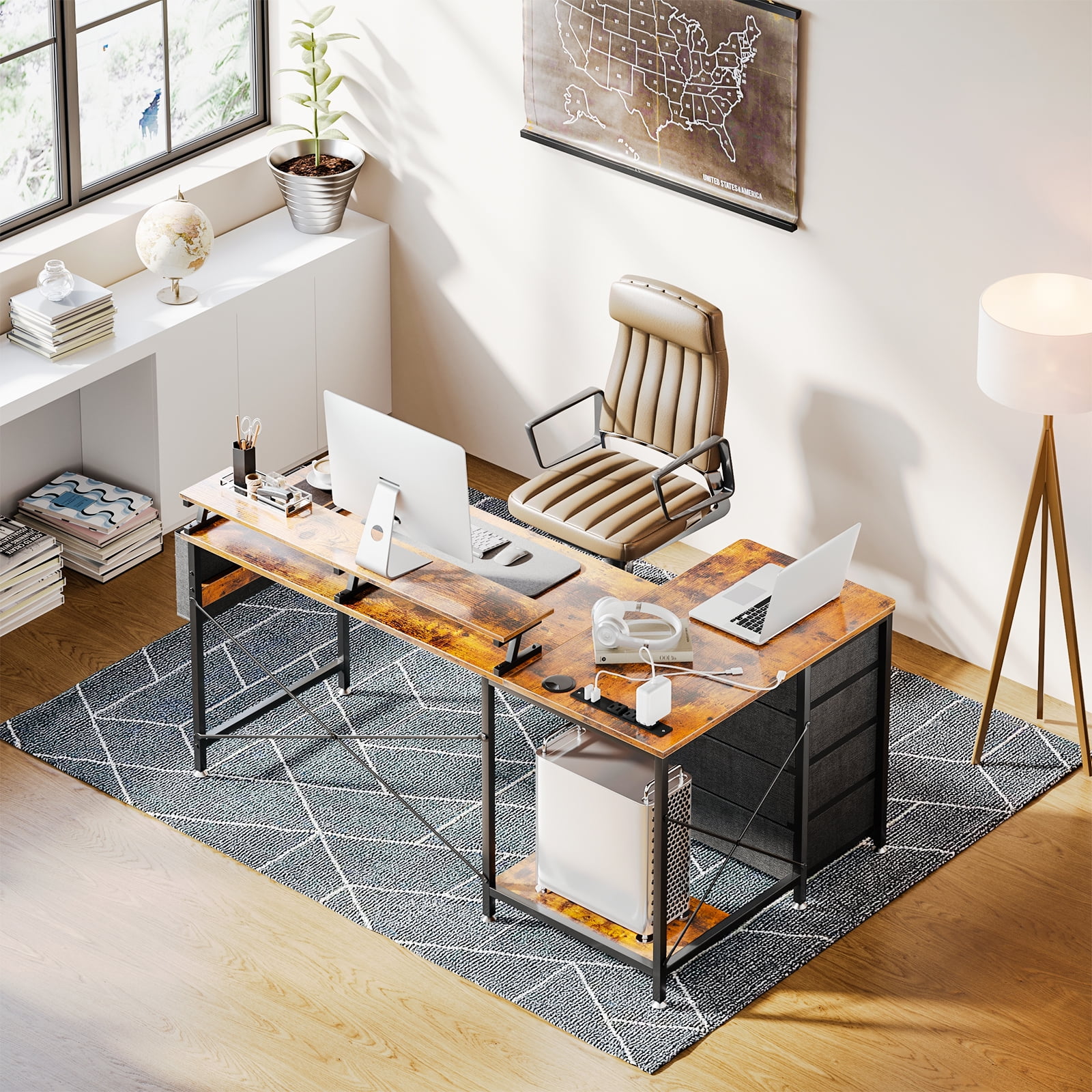 L Shaped Gaming Desk, 55 inch Corner Computer Desk with Power Outlet & USB Charging Port, Modern Writing Desk with 4-Tier Drawer & Monitor Shelf for Home Office, Vintage