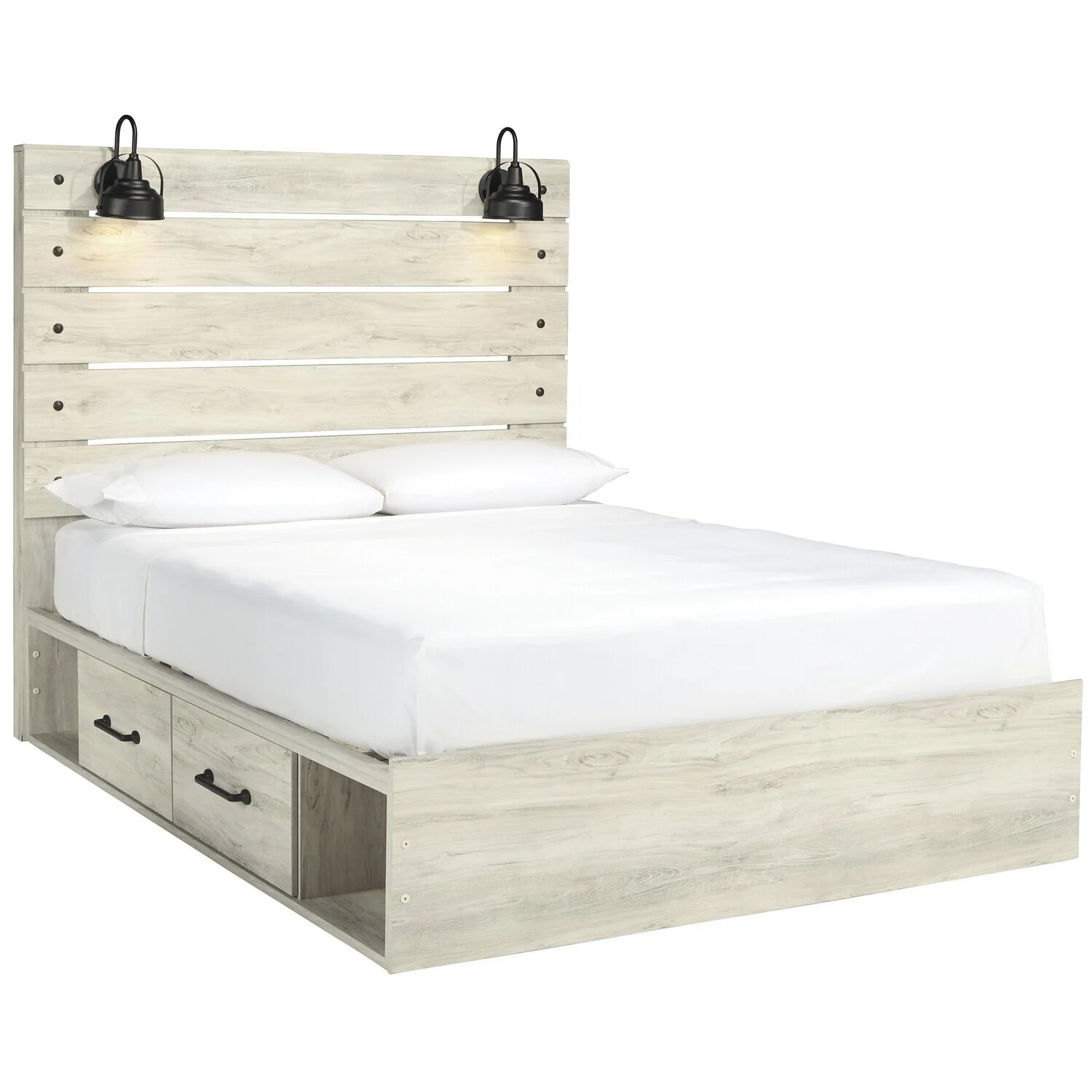 Maykoosh Transitional Wooden Hollywood Regency Panel Headboard With Slated Design And Lamp, White