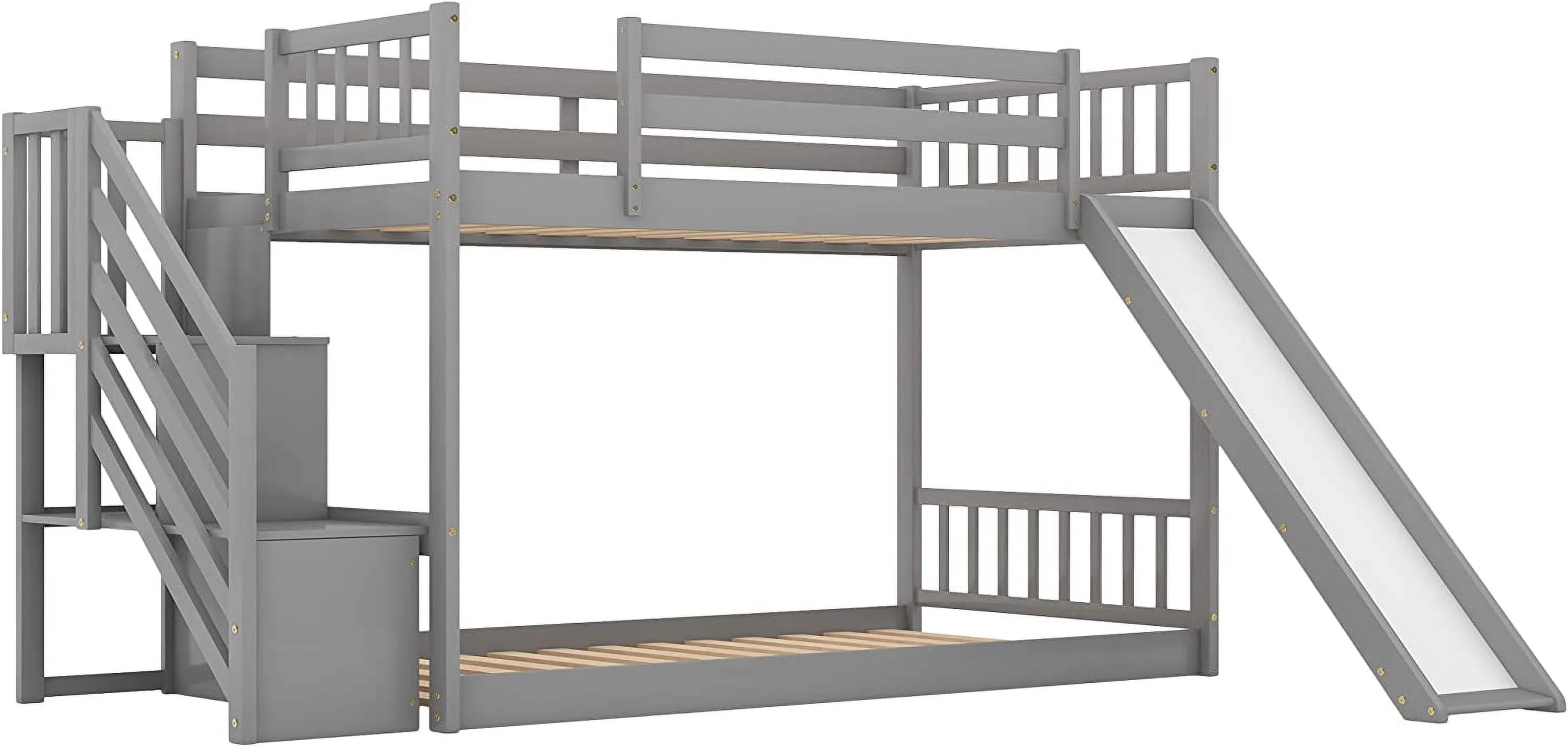 SOFTSEA Twin Over Twin Low Bunk Bed Junior's Floor Bunk Bed with Stairs Slide and Storage Space Multifunctional Design(White)