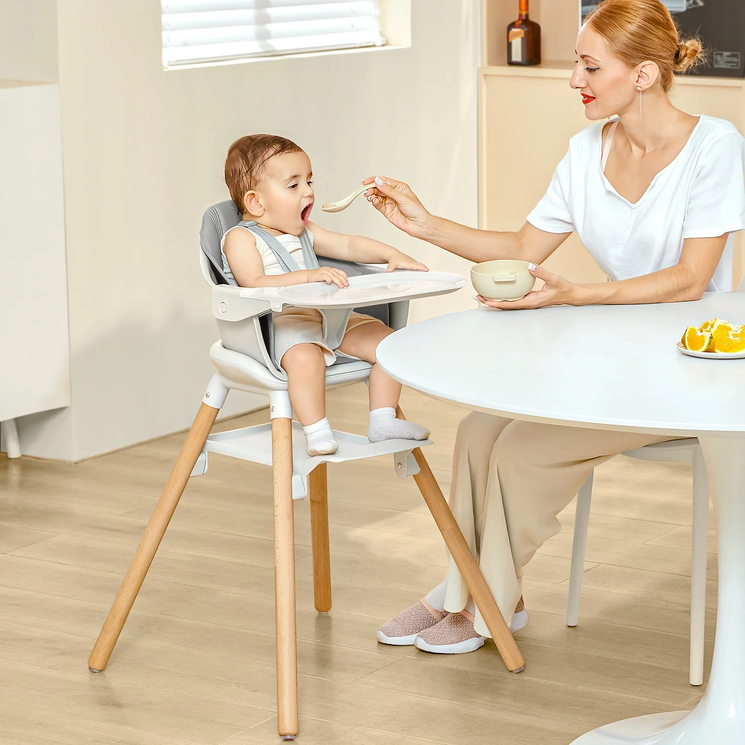 Wooden Baby High Chair, 11 in 1 Convertible Chair for High Chair, Booster Seat, Toddler Chair, for 2 Babies Use Together, Double Tray Highchair with 5-Point Harness & Clean Easily PU Cushion (White)