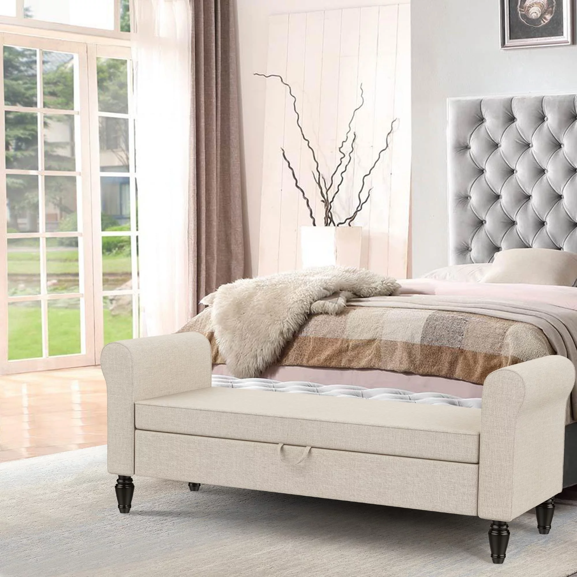 Andeworld Storage Bench Ottoman with Upholstered Arms,bench in front of bed Grey Grey Finish