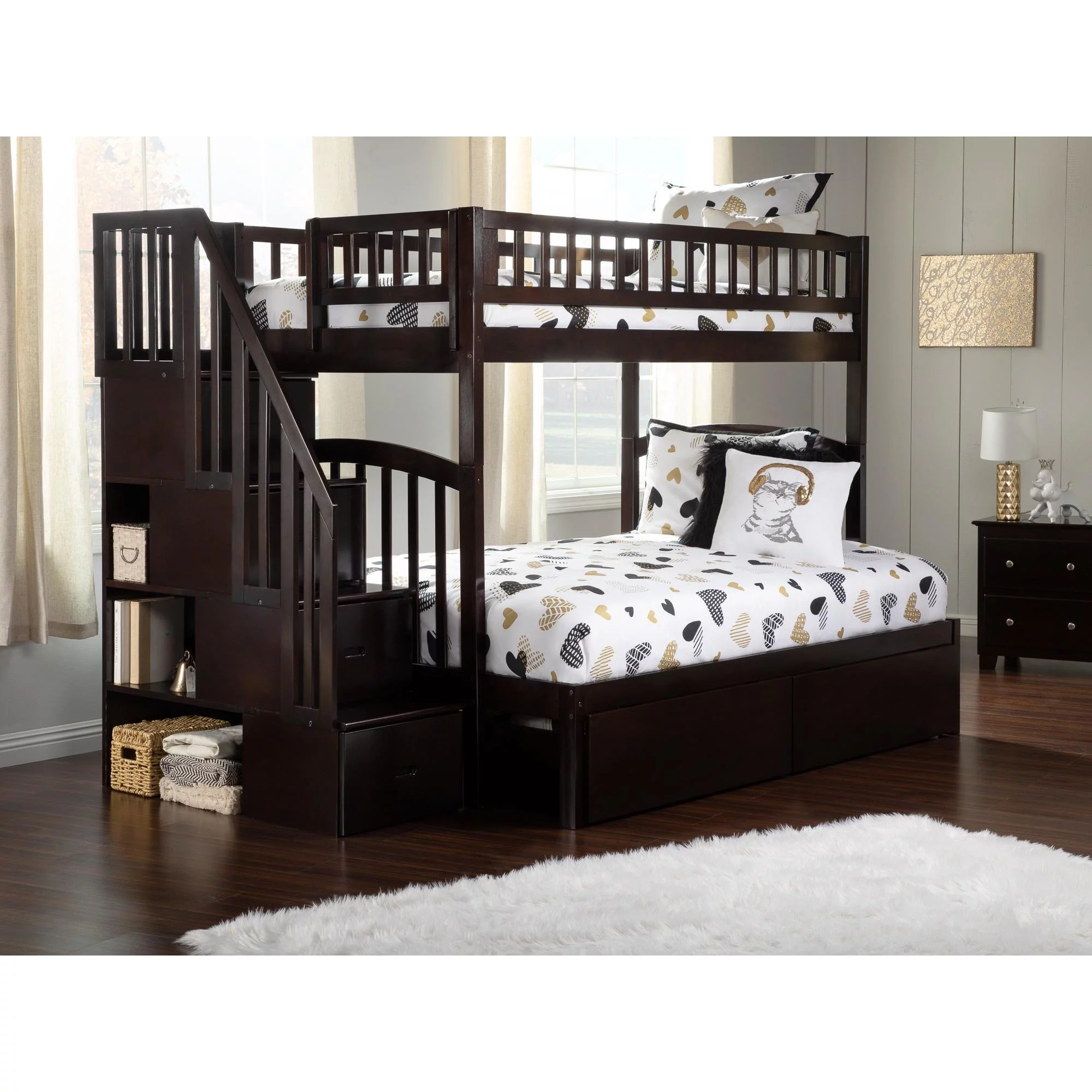 Westbrook Staircase Bunk Bed Twin Over Full with 2 Urban Bed Drawers in Espresso