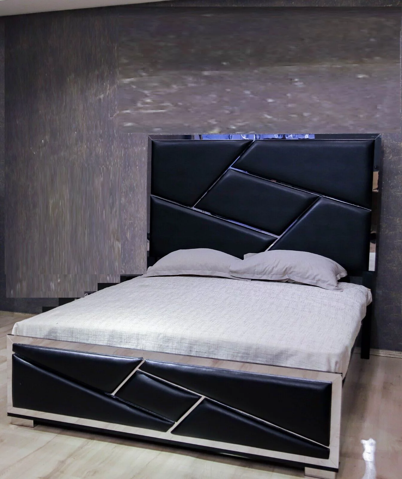 Modern 3pc Black Padded Headboard Mirrored Accents King Bed Nightstand Chest Set Unique Drawer Hardware