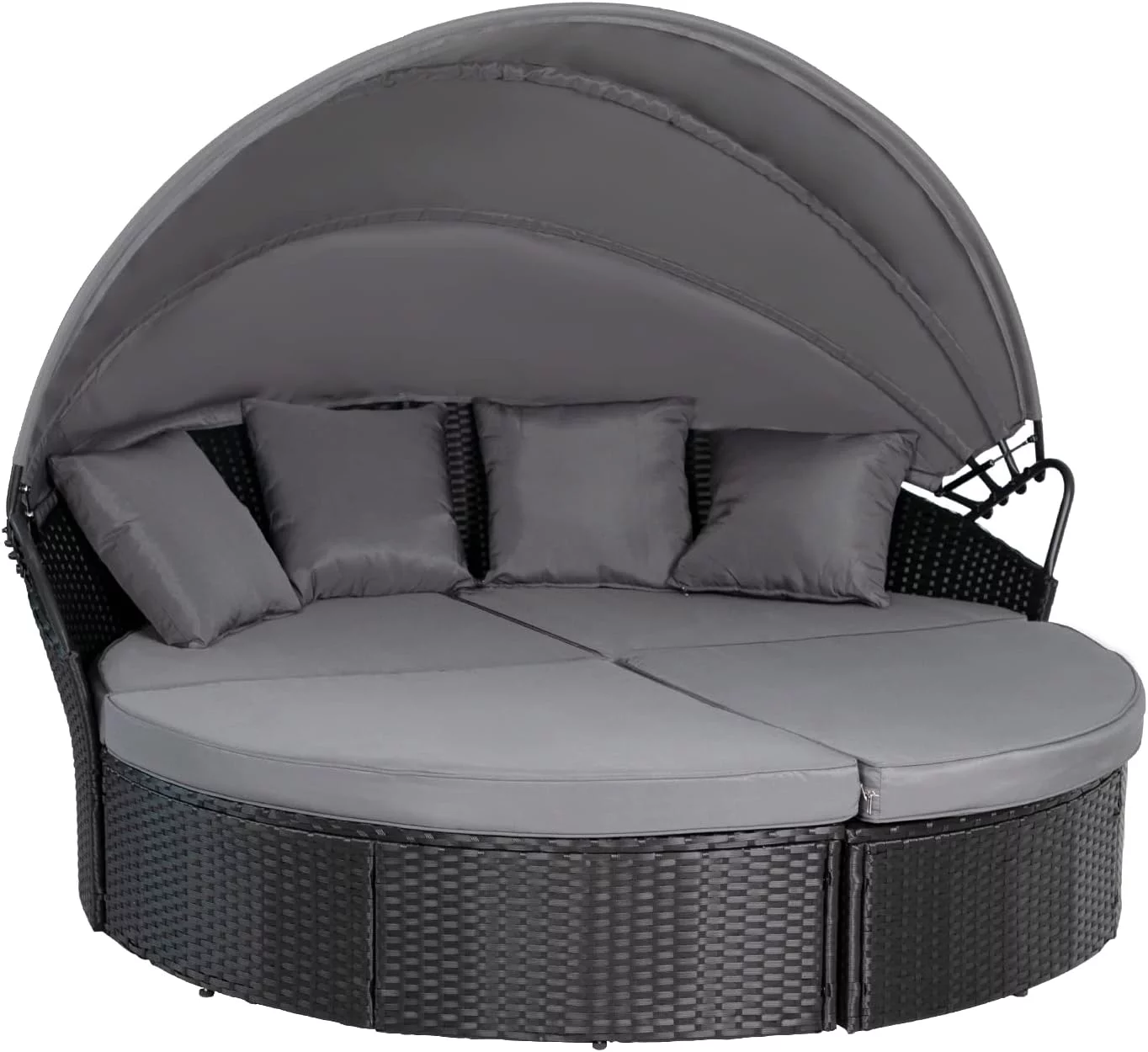 SUNCROWN 4 Piece Outdoor Round Canopy Daybed Black Wicker Patio Furniture Set with Cushions