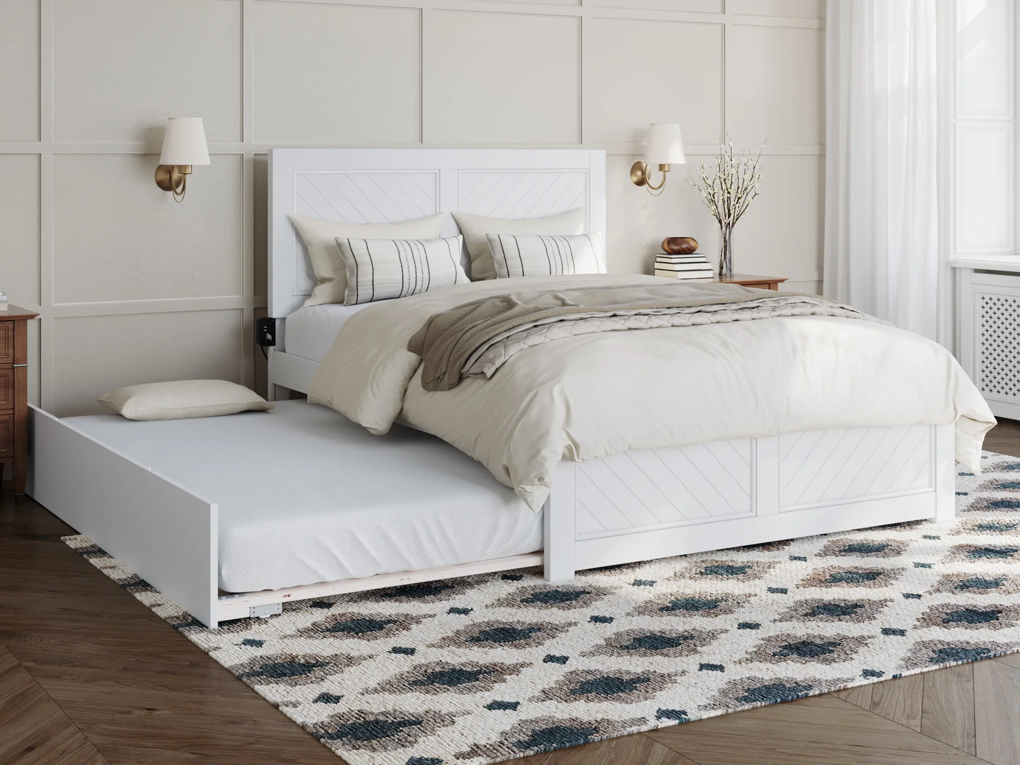 AFI Canyon White Solid Wood Platform Bed with Matching Footboard & Full Trundle, Full