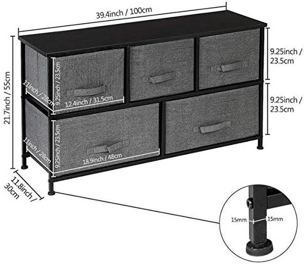 HBBOOMLIFE Extra Wide Dresser  Tower Nursery Dresser  Sturdy Iron Frame  MDF Wood Top  5 Easy Pull Fabric Drawers  Multi-Purpose Dresser Tower Organizer for Bedroom  Closets  Dorm Room (C