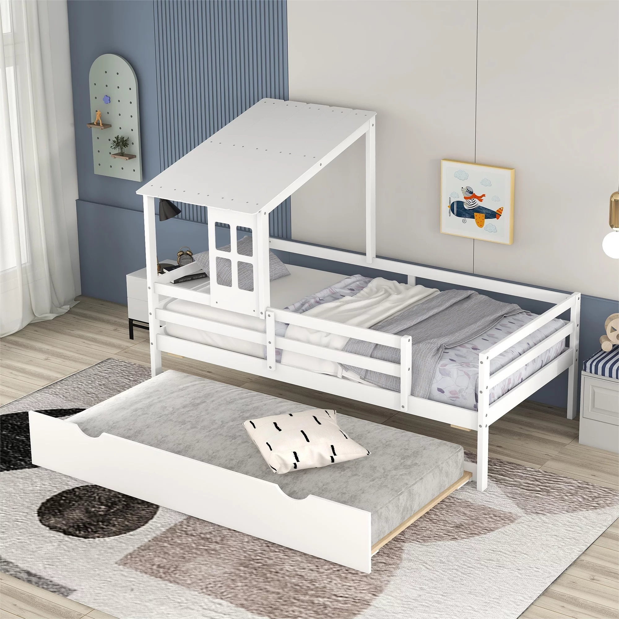 Wood Low House Loft Bed with Roof and Trundle, White