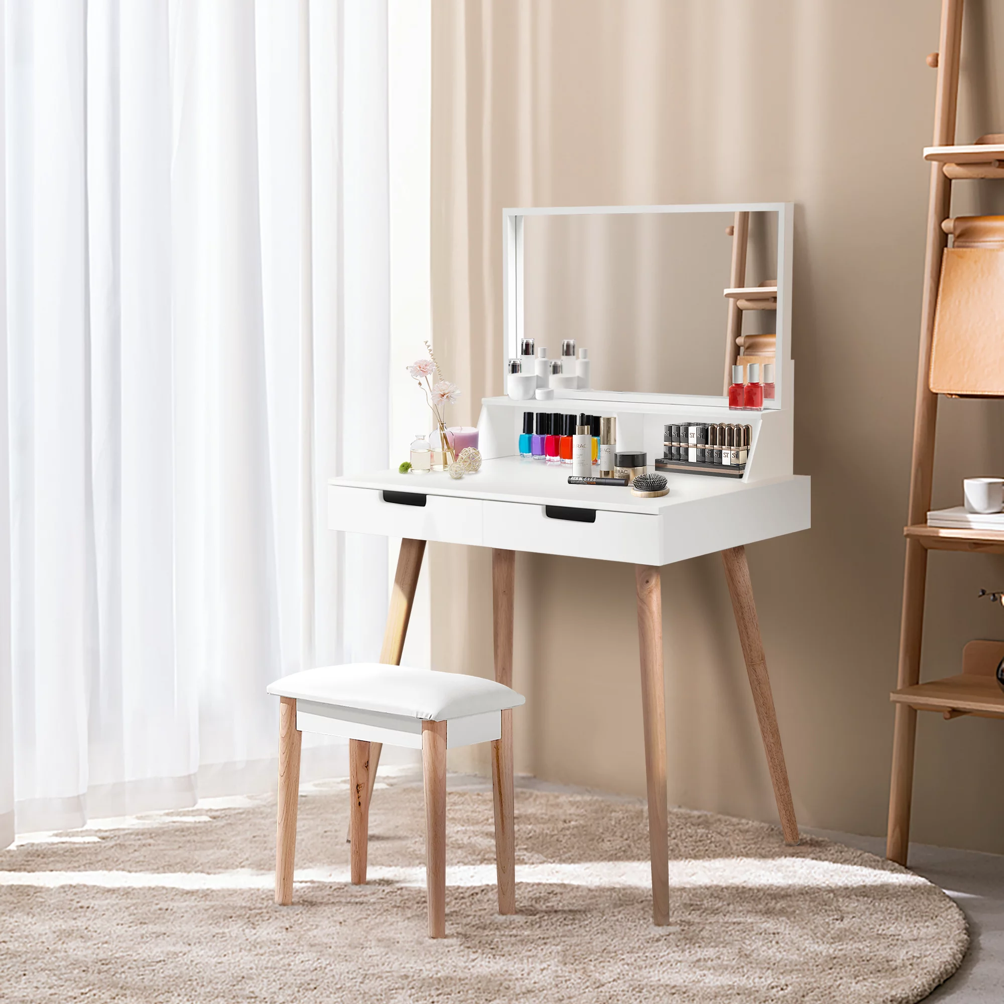 Facilehome Modern Vanity Table with Length Mirror Dressing Table with Drawers, White Finish