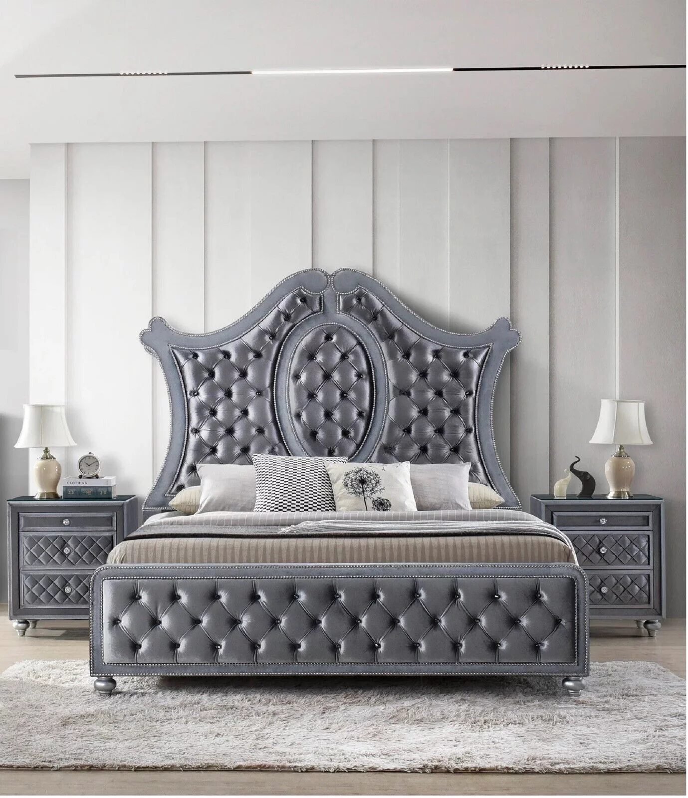 3pc Traditional Upholstered Queen Size Panel Bed Set Arched Headboard Bedroom Furniture
