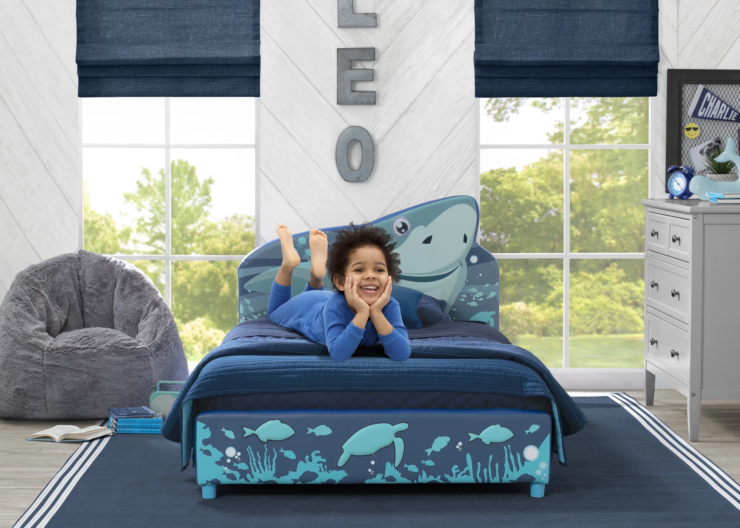 Delta Children Shark Upholstered Twin Bed, Blue
