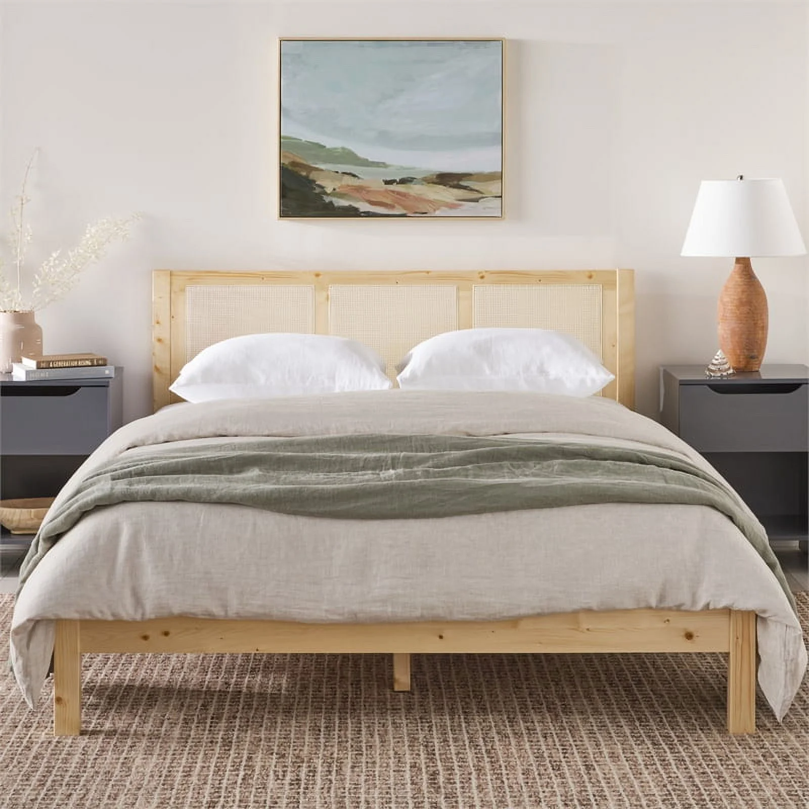 Pemberly Row Solid Wood Rattan Headboard Queen Bedframe - Natural