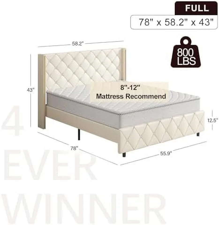 LLBIULife Full Size Bed Frame  Upholstered Platform Bed with  Tufted Wingback Headboard and Footboard  Heavy Duty Mattress Foundation/Solid Wood Slats/Easy Assembly/No Box Spring Needed