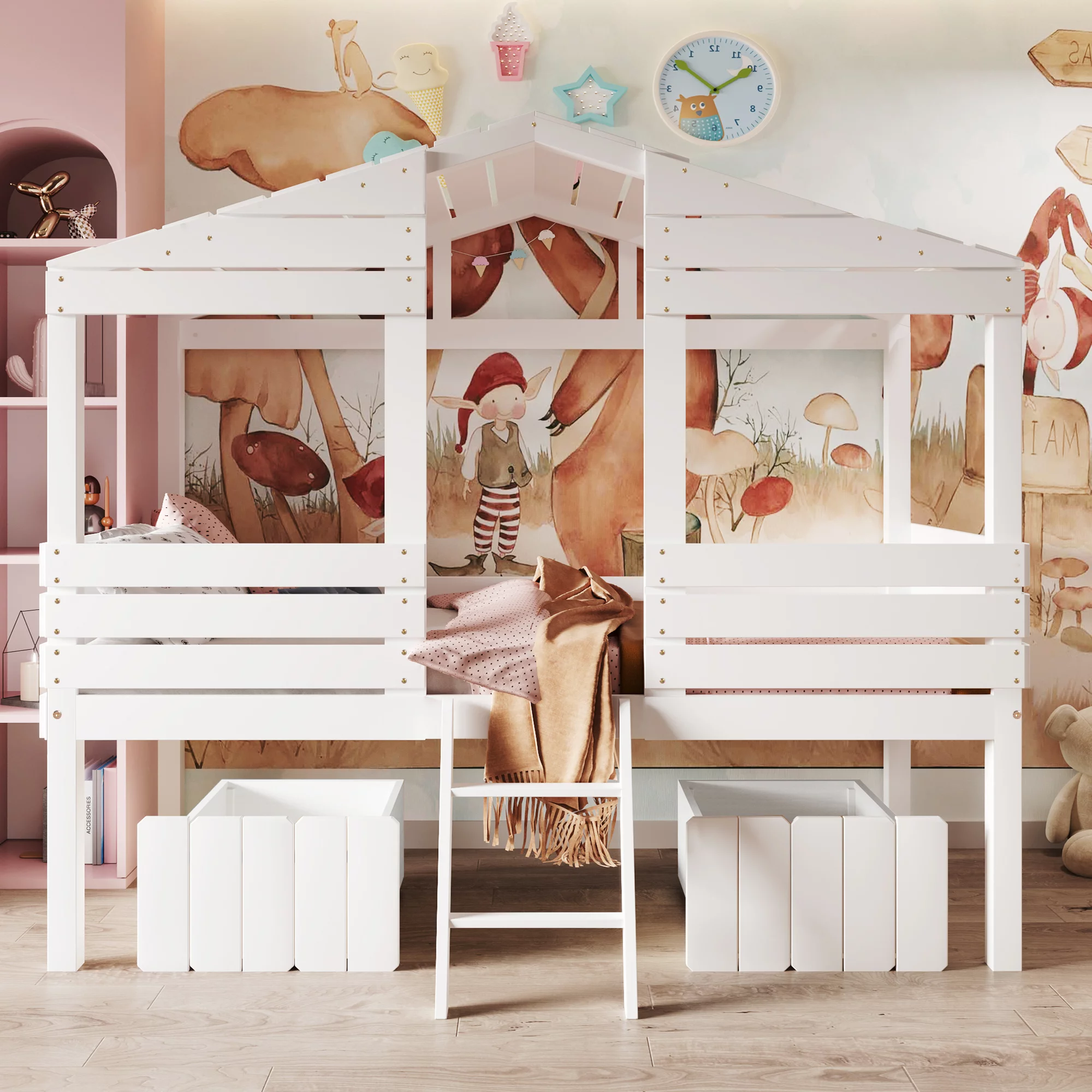 Gewnee Twin Size Low Loft Bed,Kids Wood House Bed with Two Storage Drawers and Ladder,White