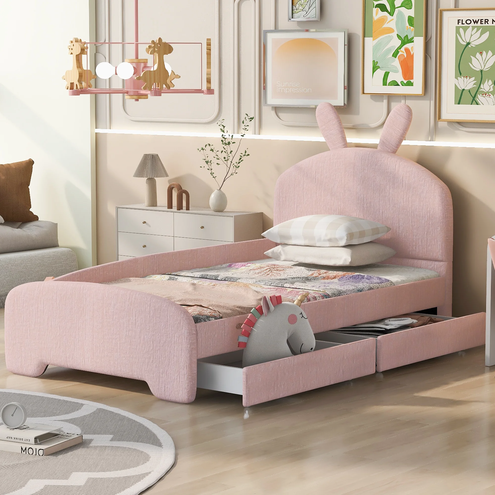 Twin Bed Frame with Cartoon Ears Shaped Headboard Upholstered Platform Bed with 2 Drawers for a Playful and Stylish Kids' Bedroom-Pink