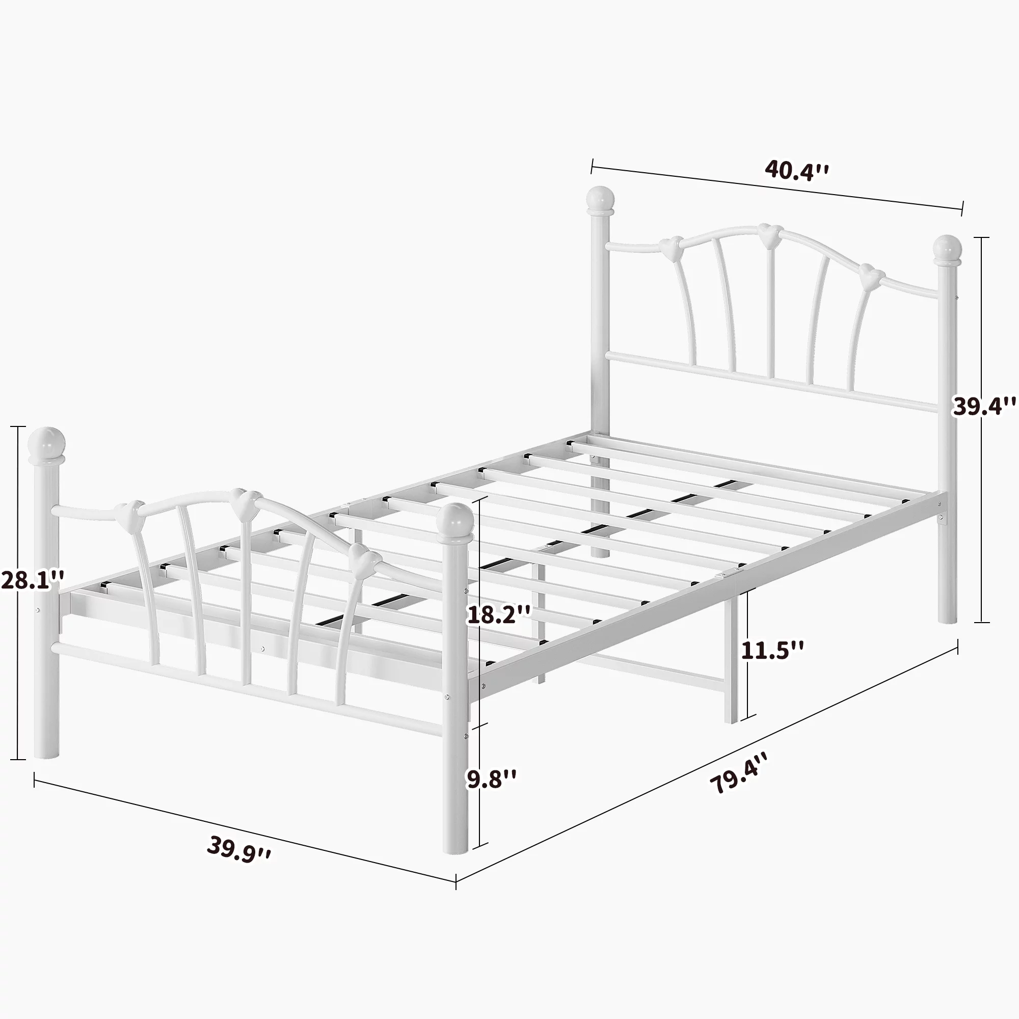 IDEALHOUSE White Twin Bed Frame for Girls, Twin Size Bed Frame with Sweet Heart-Shape Headboard and Footboard, Heavy Duty Metal Slat Support, No Box Spring Needed, Easy Assembly (Twin)