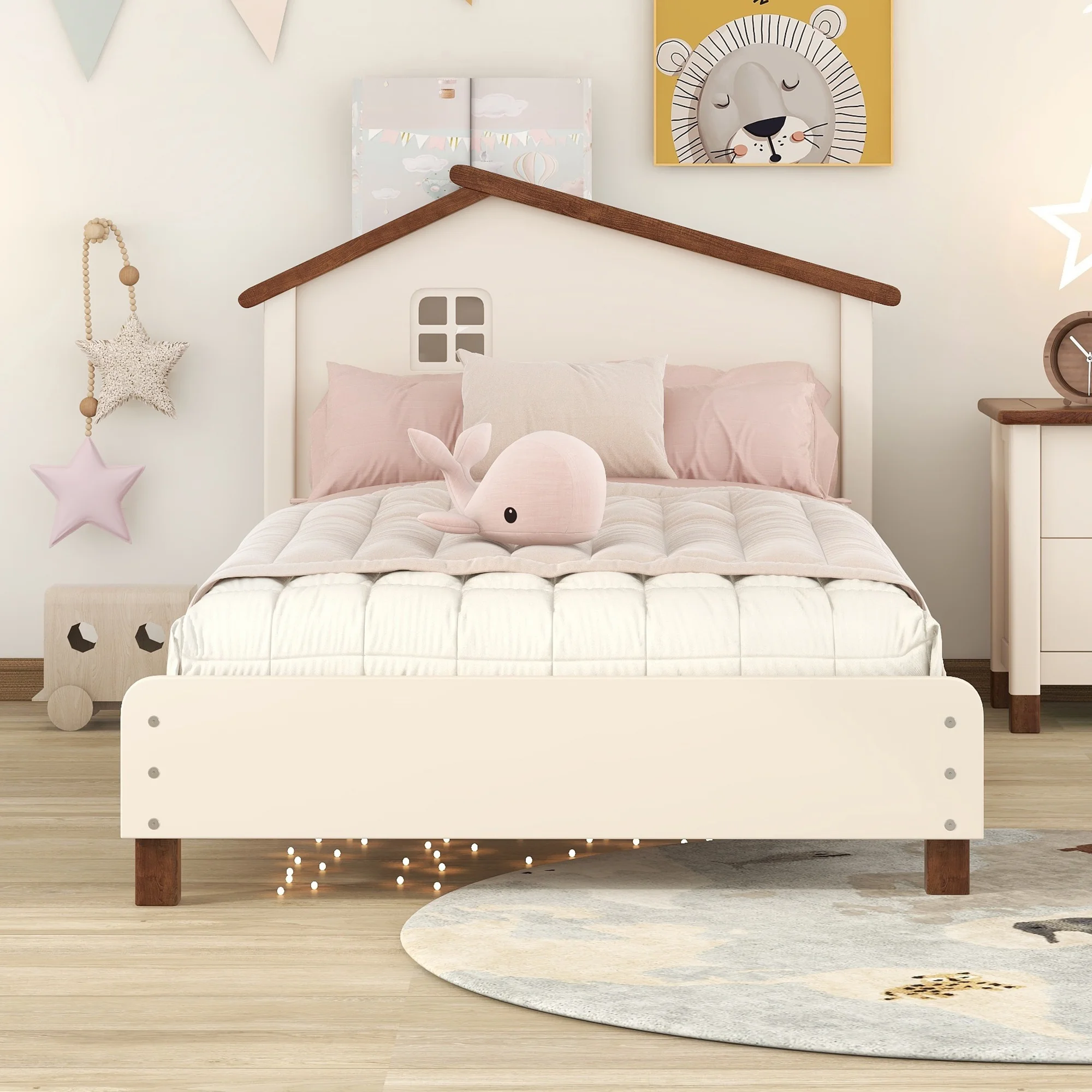 Paproos Twin Size Bed Frame, Lovely Wood Platform Bed with House-shaped Headboard, Strong Wooden Slats Support, Heavy Duty Twin Bed Frame for Kids Boys Girls Teens, No Box Soring Needed, Cream