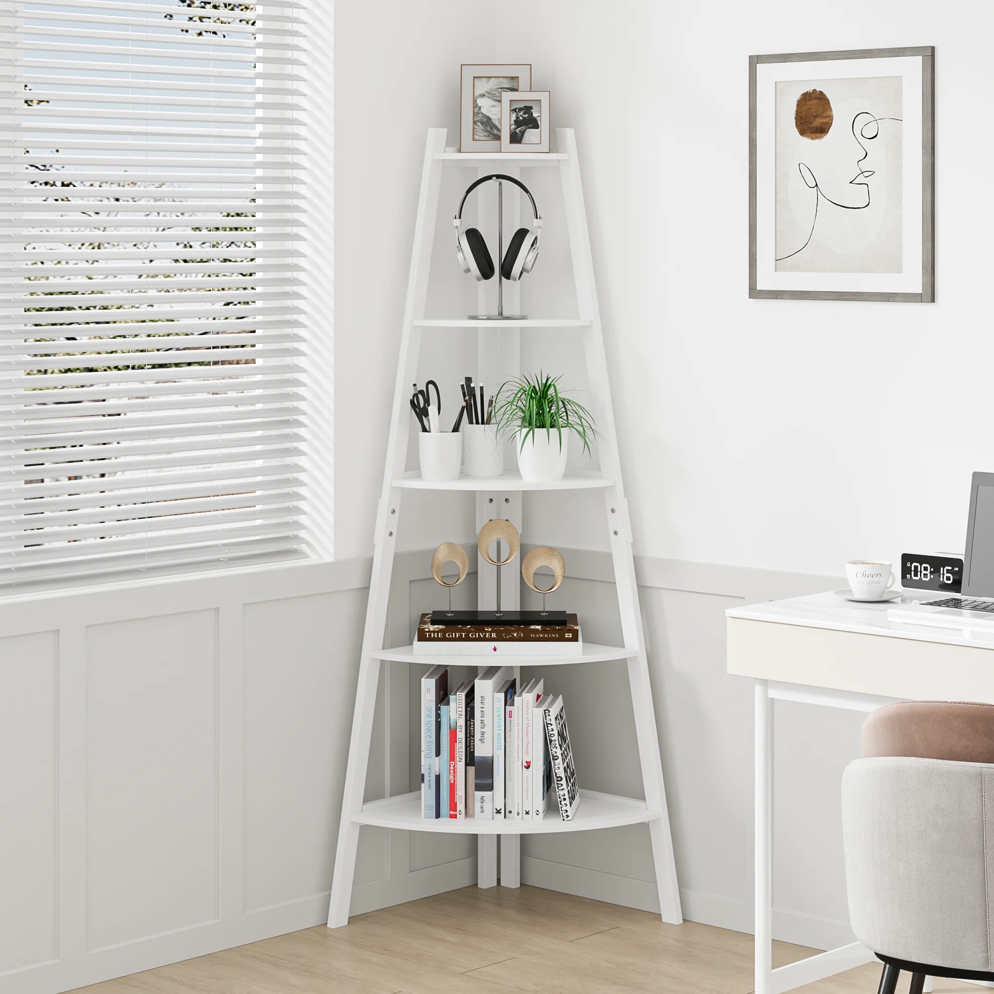 Homfa Industrial Corner Ladder Shelf, 5-tier Bookcase Display Organizer Plant Flower Stand Storage Rack for Living Room Home Office, White