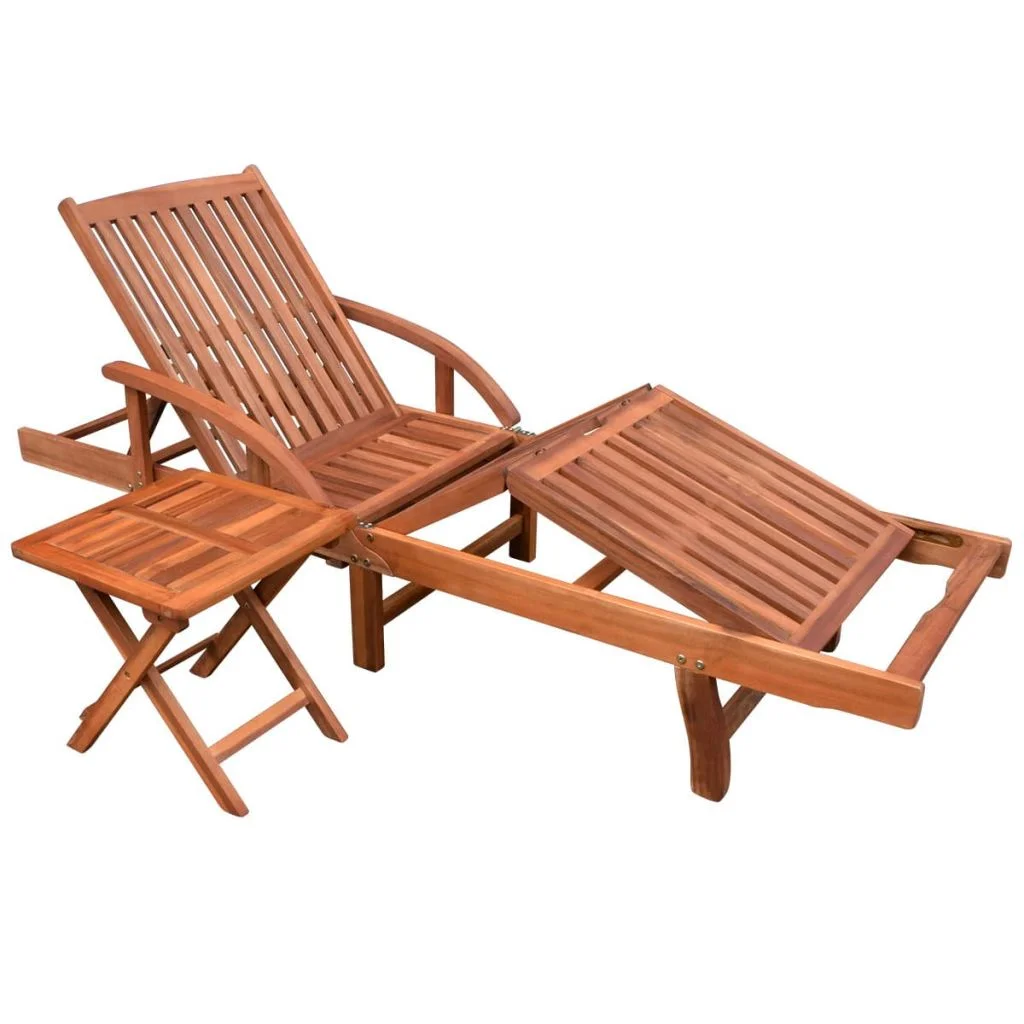 Dcenta Outdoor Sun Lounger with Folding Table Set Acacia Wood Backrest Adjustable Chaise Lounge Chairs for Poolside, Beach, Deck, Backyard, Balcony, Garden, Patio Furniture