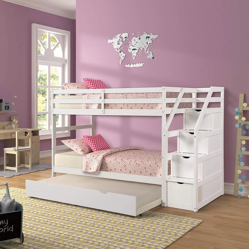 Solid Wood Daybeds for Kids, Hardwood Twin Over Twin Trundle Bunk Bed Frame with 3 Storage Drawers