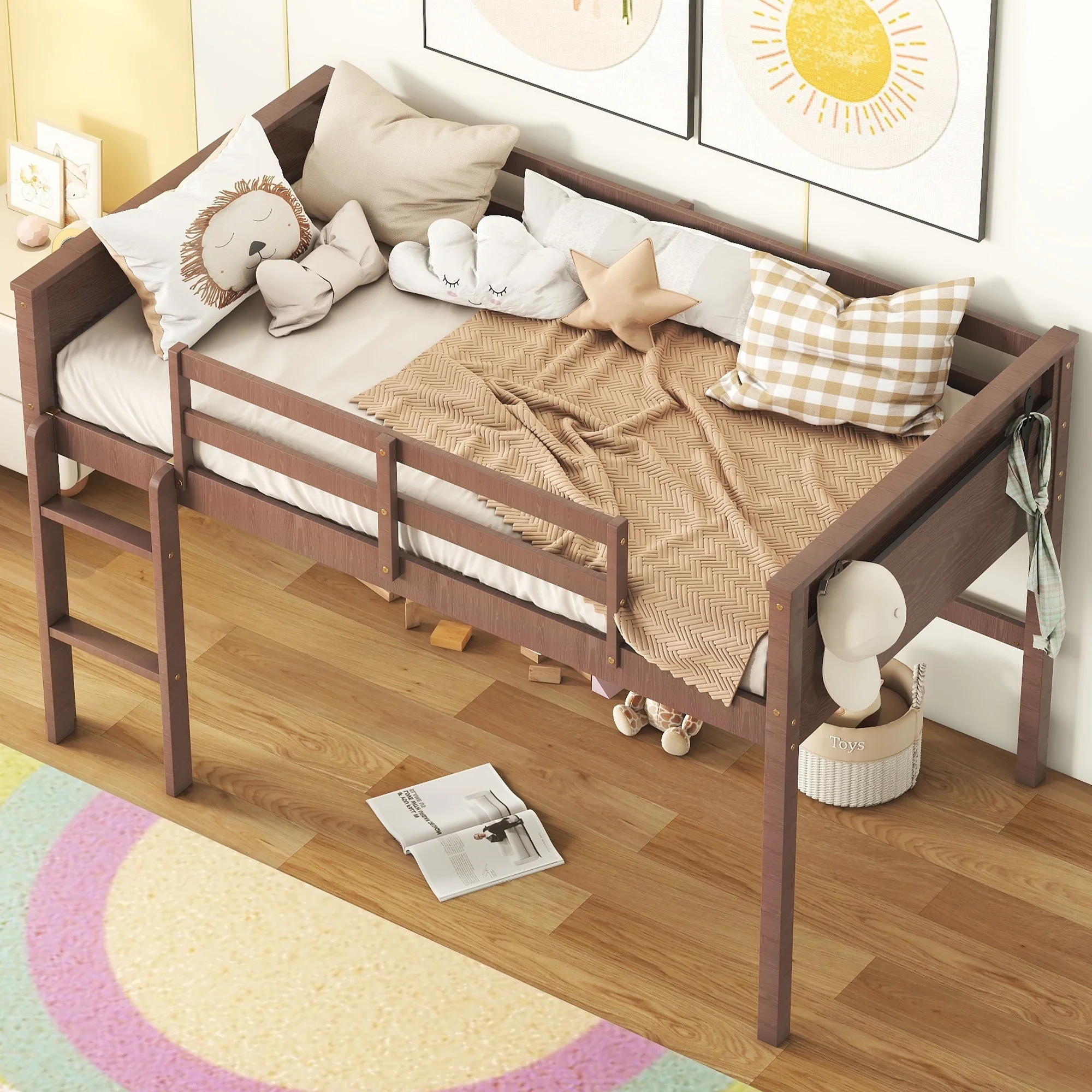 EUROCO Wood Twin Loft Bed with Vertical Ladder, Low Profile Space-Saving Kids Storage Loft Bed, Natural