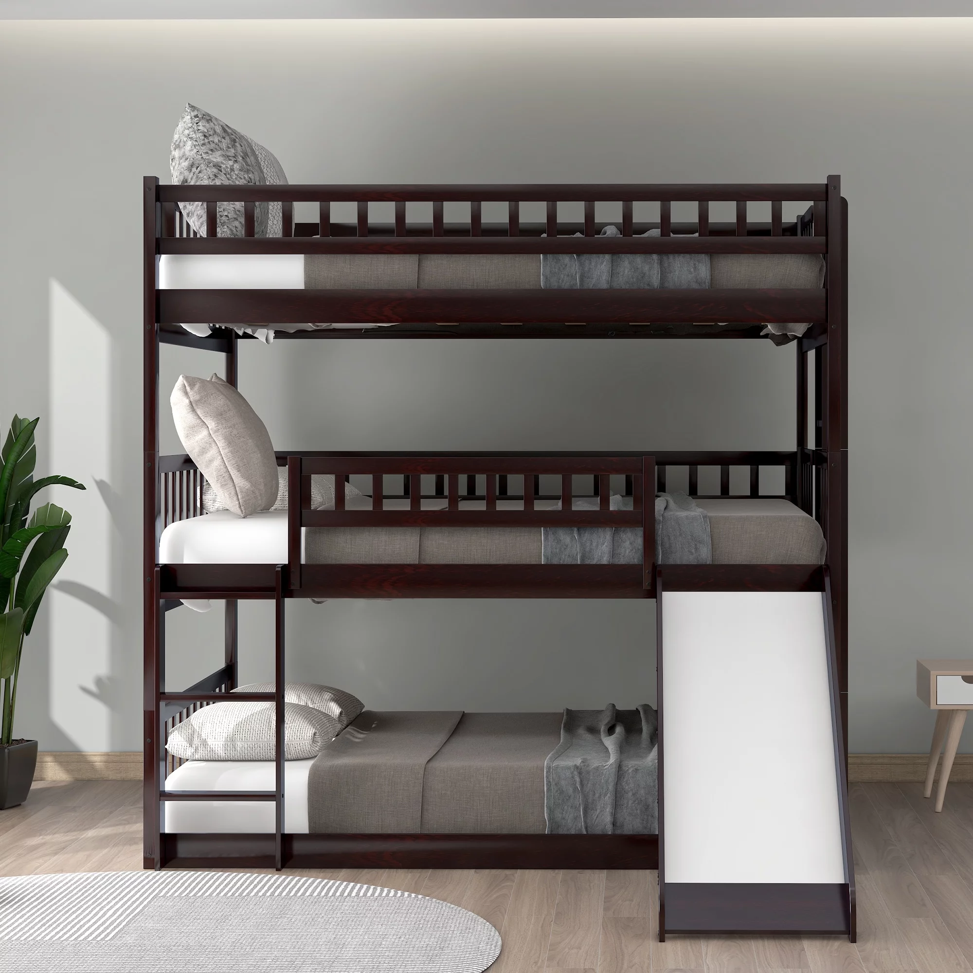 Full-Over-Full-Over-Full Bunk Beds with Built-in Ladder and Slide Pine Wood Bunk Bed with Sturdy Modern Bed Frame for Kids’ Room, Guest Bedroom