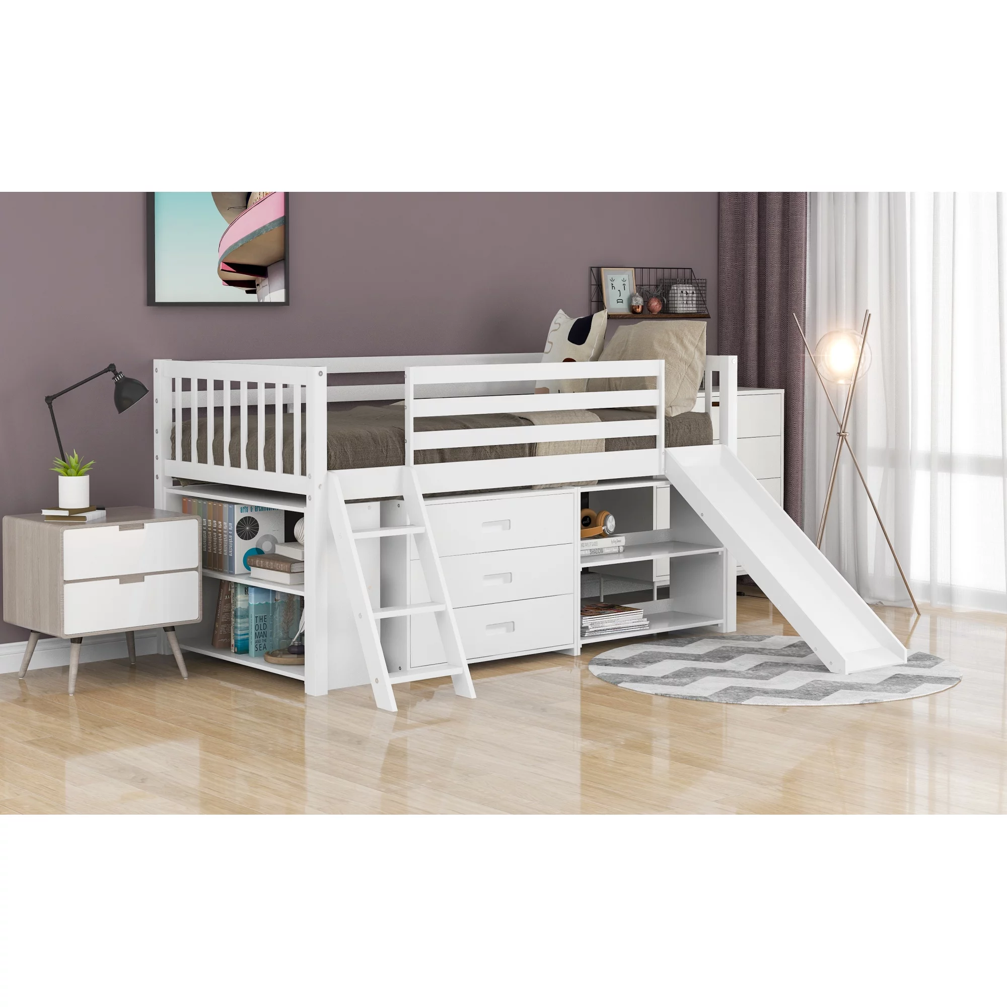 Dawn Whisper Low Loft Bed with Attached Bookcases and Separate 3-tier Drawers, Convertible Ladder and Slide, Twin Size, White