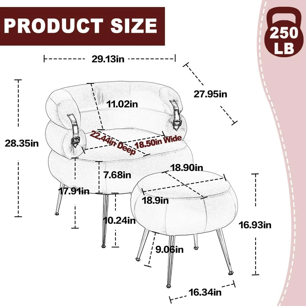 LuxyHoom Velvet Accent Chair with Ottoman, Modern Barrel Chair with Gold Buckle and Leg, Round Sofa Chair, Comfy Amchair with Footrest for Living Room, Bedroom, Waiting Room, Small Spaces,Wine Red