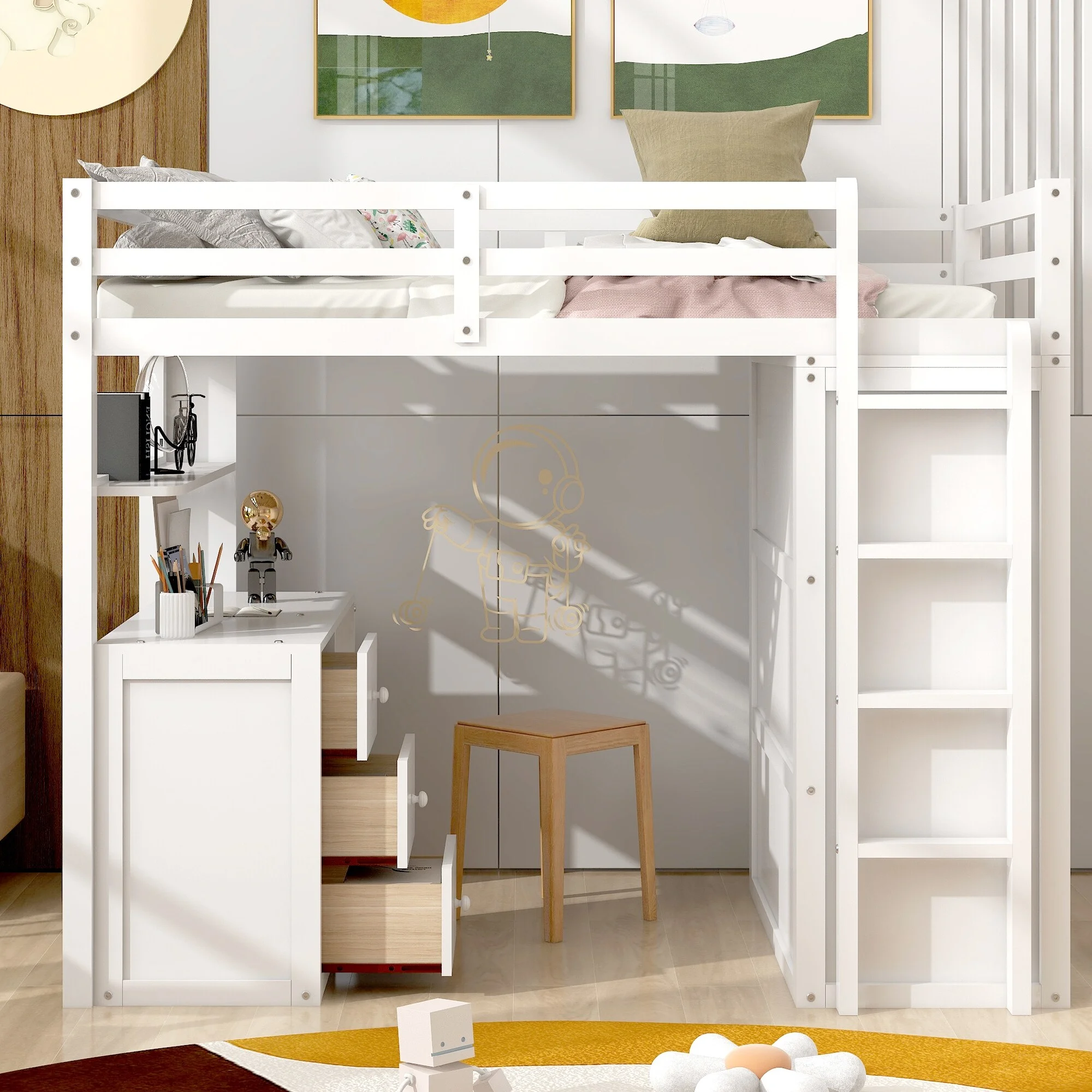 BESTCOSTY Twin Size Wooden Loft Bed with Drawers, Desk and Wardrobe Espresso
