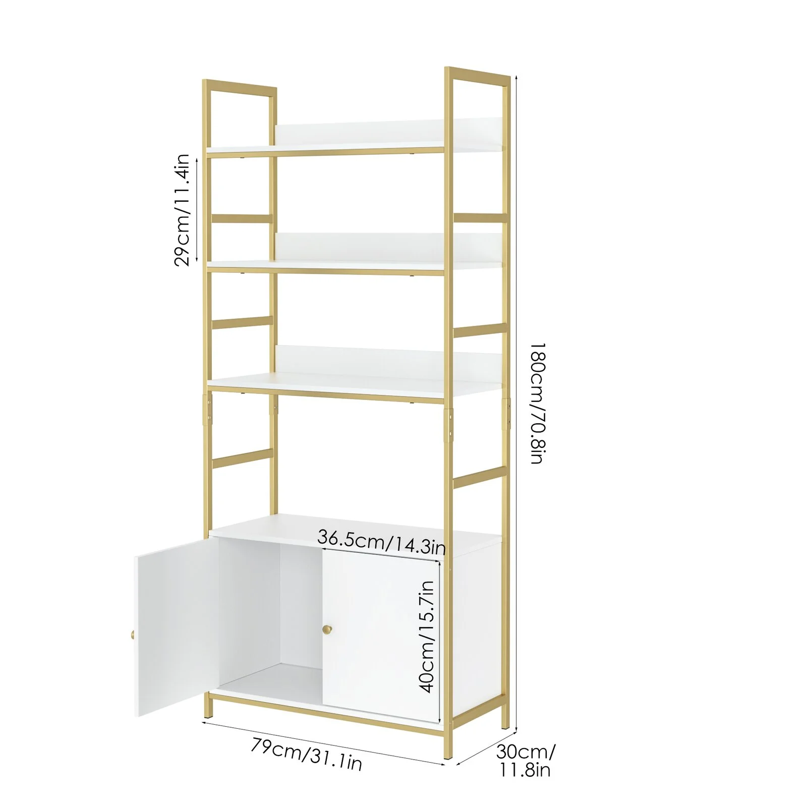 Homfa Gold Bookshelf, 4-Tier White Standard Bookcase with Storage Cabinet, Modern Iron Book Shelves Display Shelf with Door for Home Office, White Gold