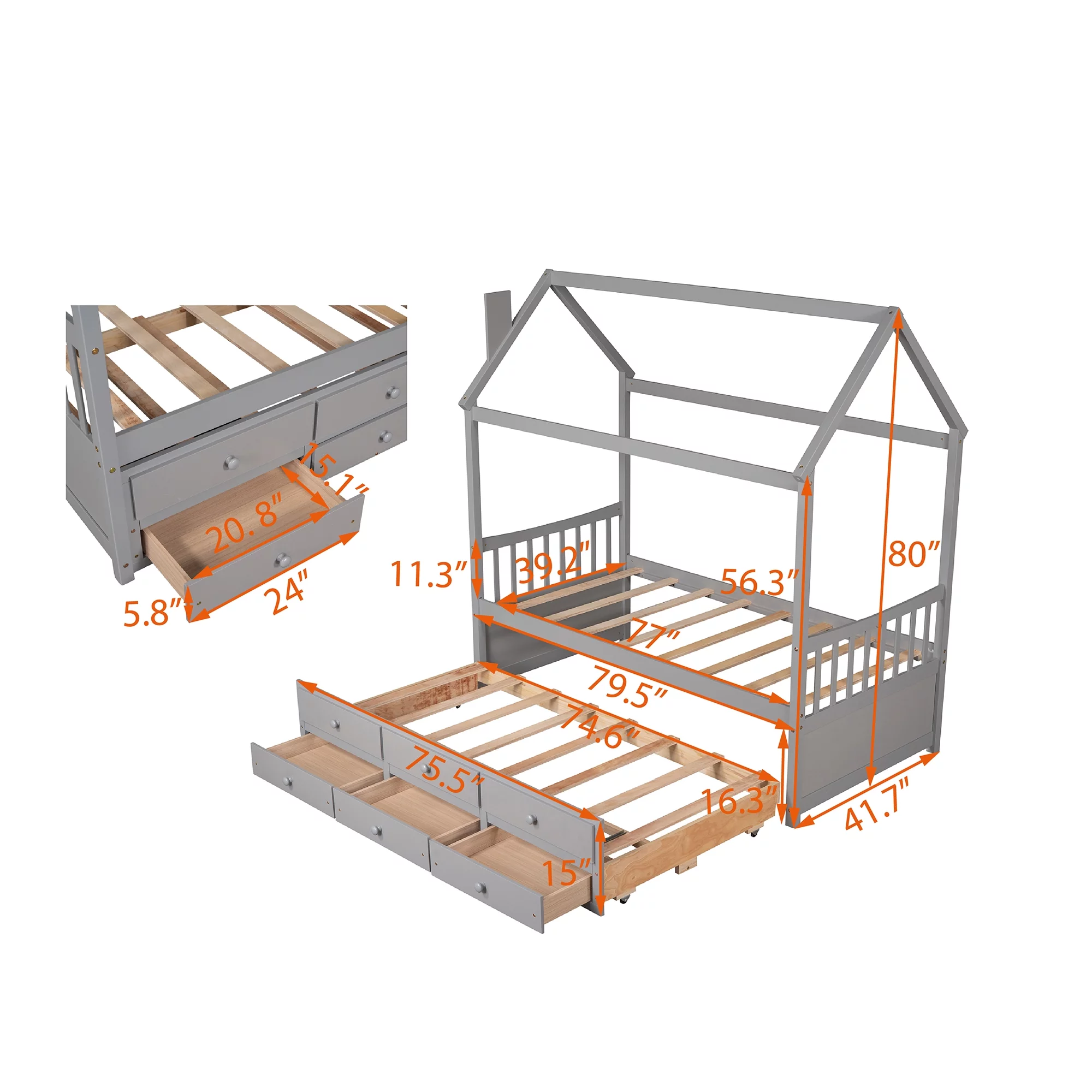 Gray Twin Size Wooden House Bed with Trundle and 3 Storage Drawers