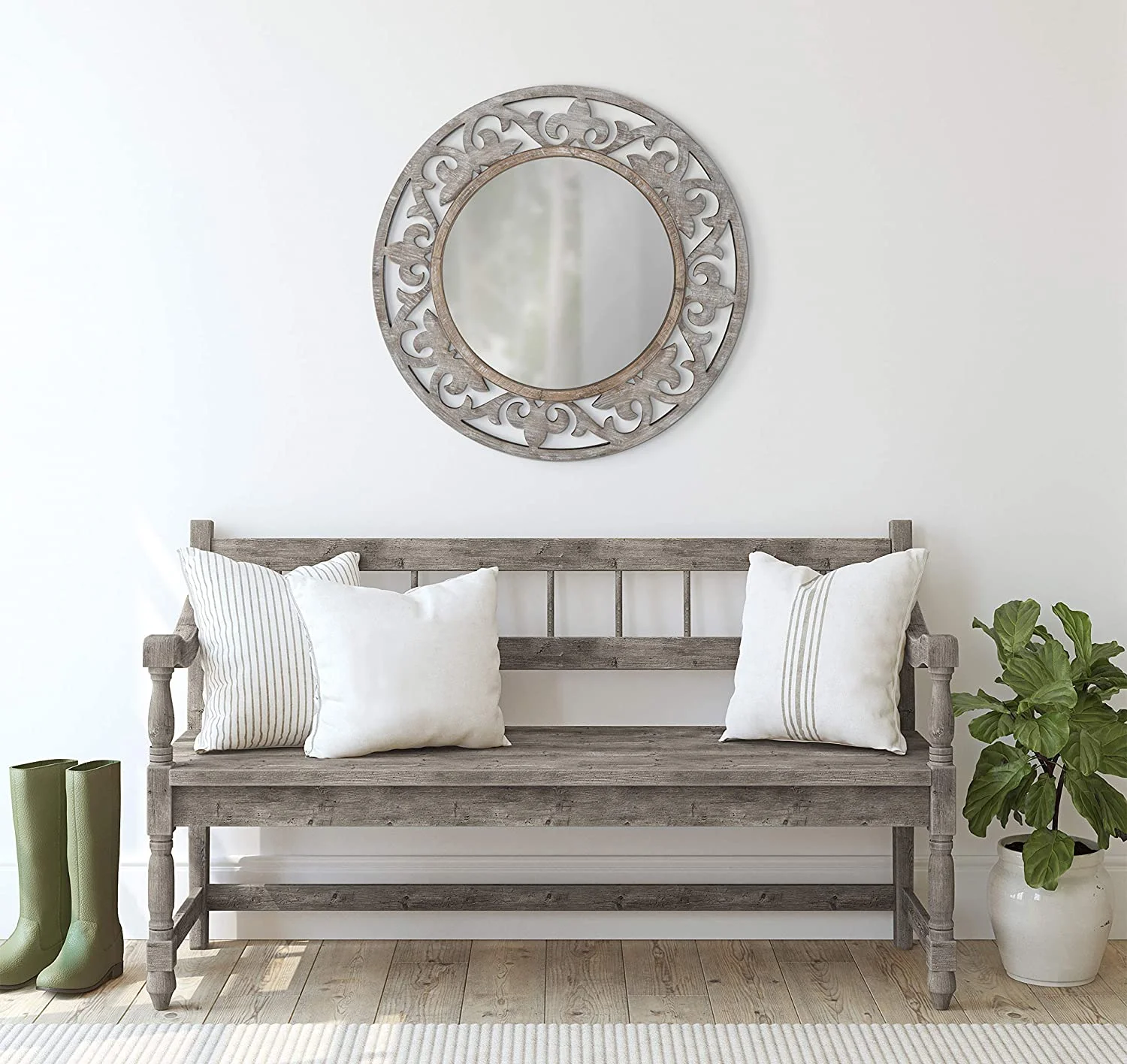 YGDU Shovali Rustic Round Mirror, 31.5 Diameter, Rustic Whitewash, Ornate Wood-Carved Frame, Decadent Wall Decor with Vintage Charm