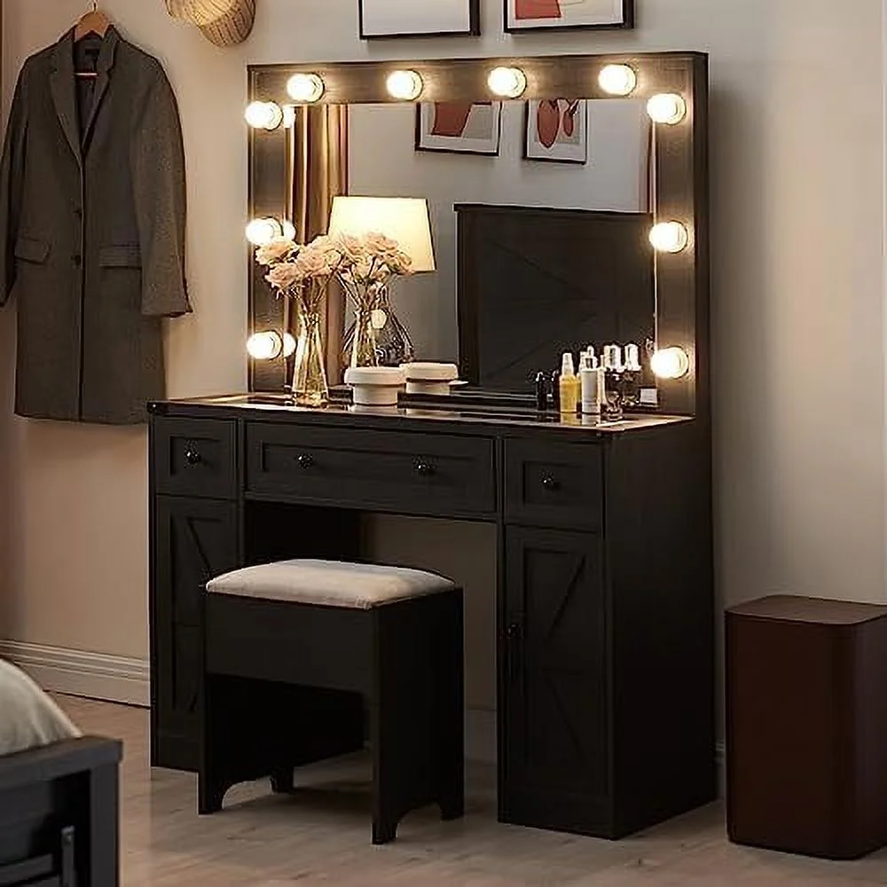 RUNFAYBIU 43" Vanity Desk with Mirror and Lights Farmhouse Vanity Dressing Table Set with 3 Drawers & 2 Cabinets Stool Included Bedroom Off White