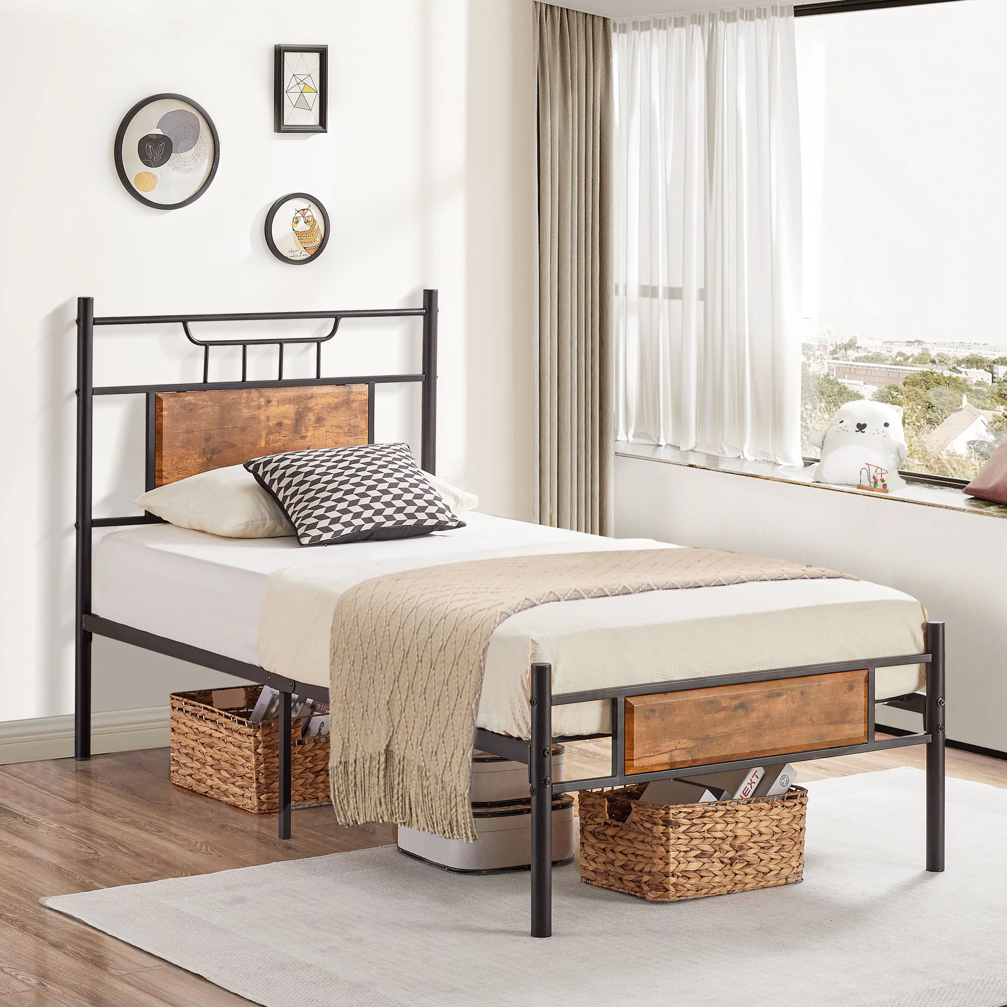 VECELO 3-Piece Twin Bedroom Set, Metal Platform Bed Frame and 2 Glass Top Nightstands