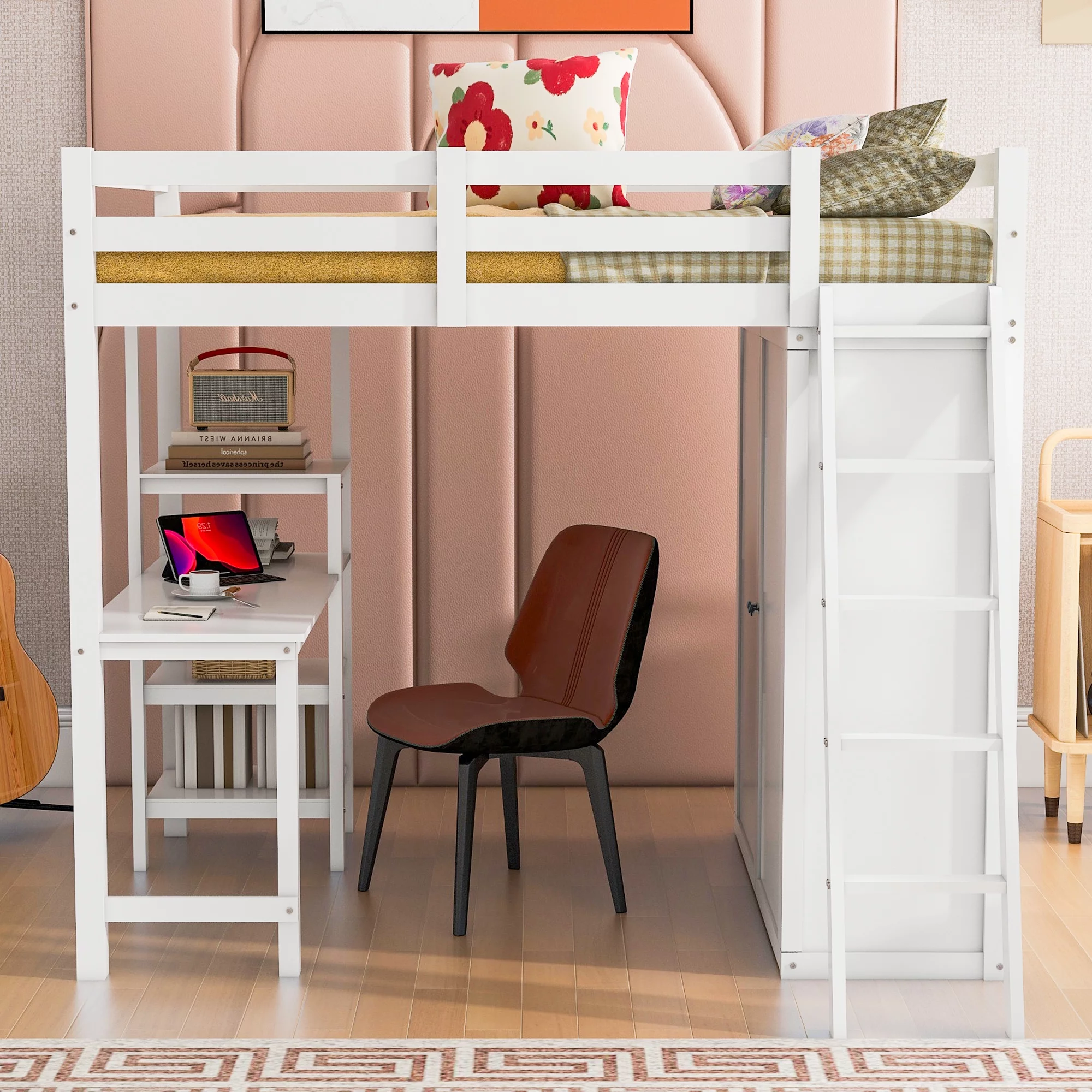 Aukfa Loft Bed with Wardrobe, Wood Full Size Loft Bed with Desk and Shelves for Kids Adults - White