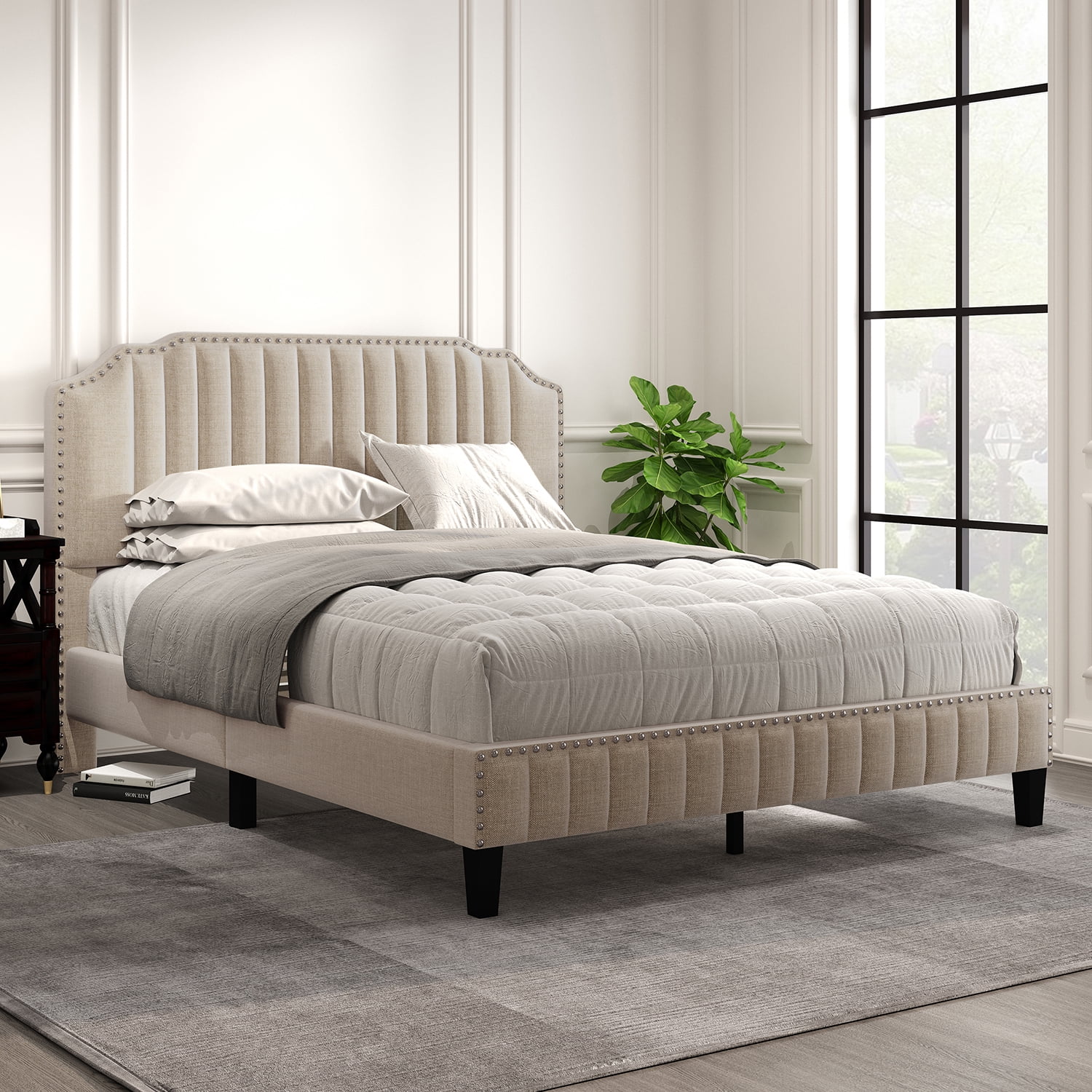 Royard Oaktree Queen Size Platform Bed Frame with Linen Tufted Curved Headboard Linen Upholstered Bed with Solid Wood Frame and Slats, Nailhead Trim, No Box Spring Needed, Beige