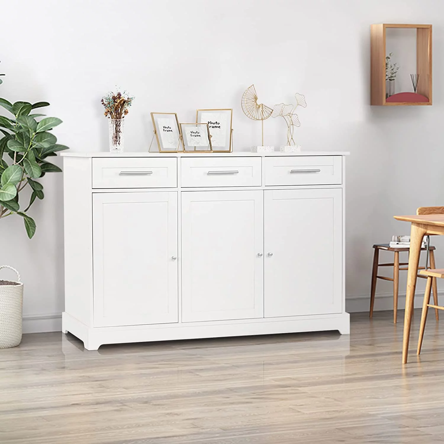 VINGLI White Credenza,Kitchen Buffet Cabinet with Storage,Dining Sideboard Buffet Console Table with Cabinet,Adjustable Shelves and Drawers