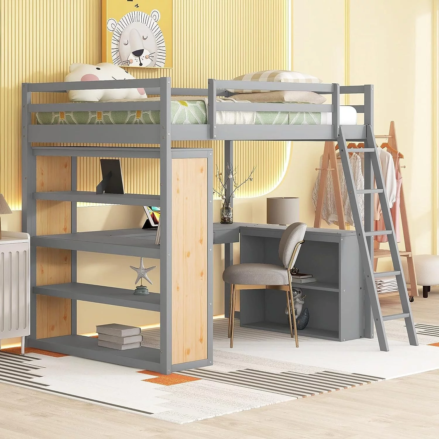 Momspeace Full Size Loft Bed with Ladder, Shelves, and Desk, White - Gray
