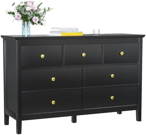 White Dresser for Bedroom 6 Drawers Dresser Chests Wood Wide Chest of Drawers Double Dressers Organizer for Nursery Living Room Hallway Black